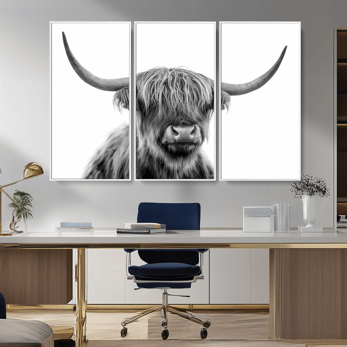 MGV-FC-48X32-3P - Scottish Highland Cow Cattle Art Print Wall Art Canvas Print for Farmhouse Decor, Framed Scottish