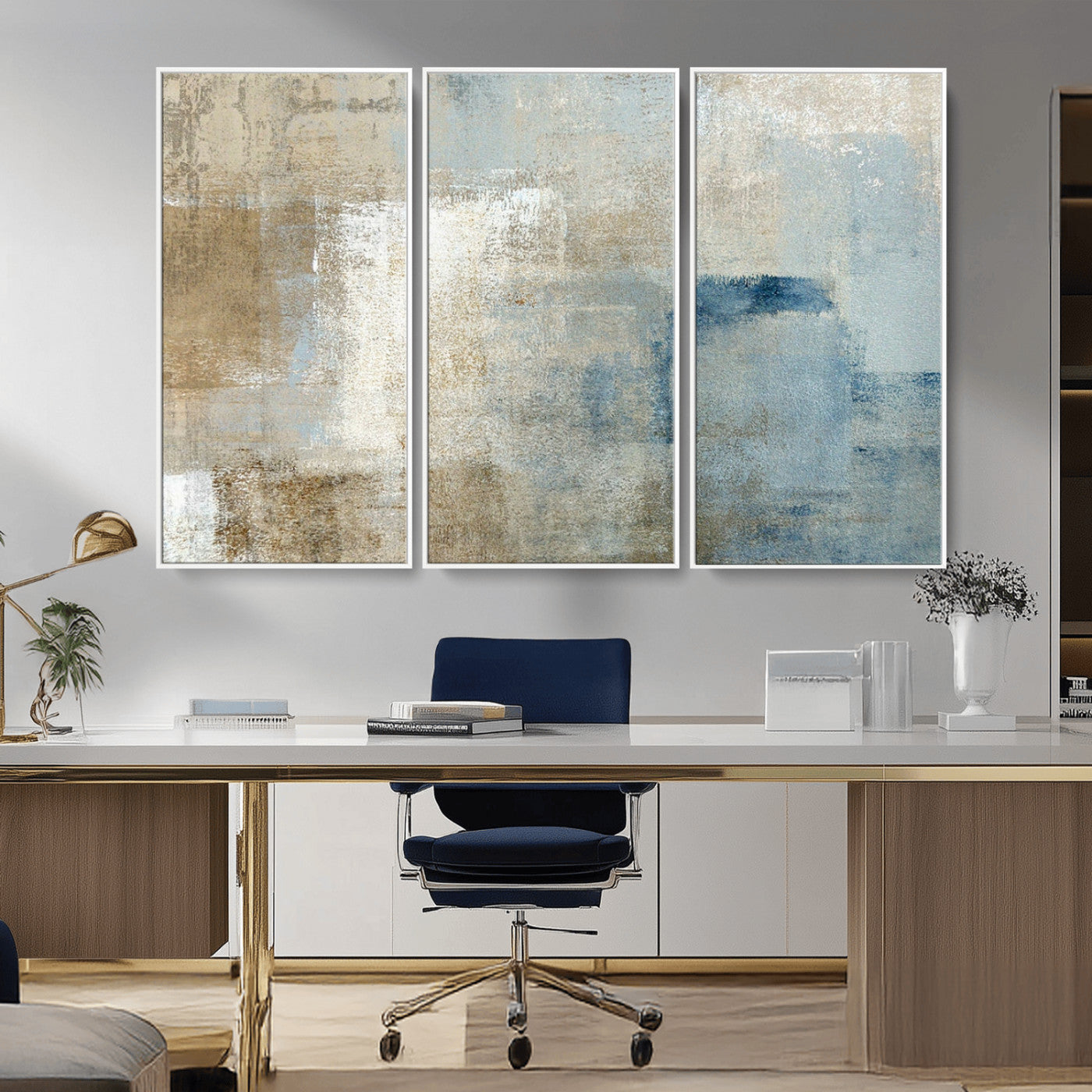 MGV-FC-48X32-3P - Abstract Blue and Beige Wall Art, Modern Minimalist Canvas Print Set, Giclee Textured Art, Large Multi-Panel Artwork for Living Room