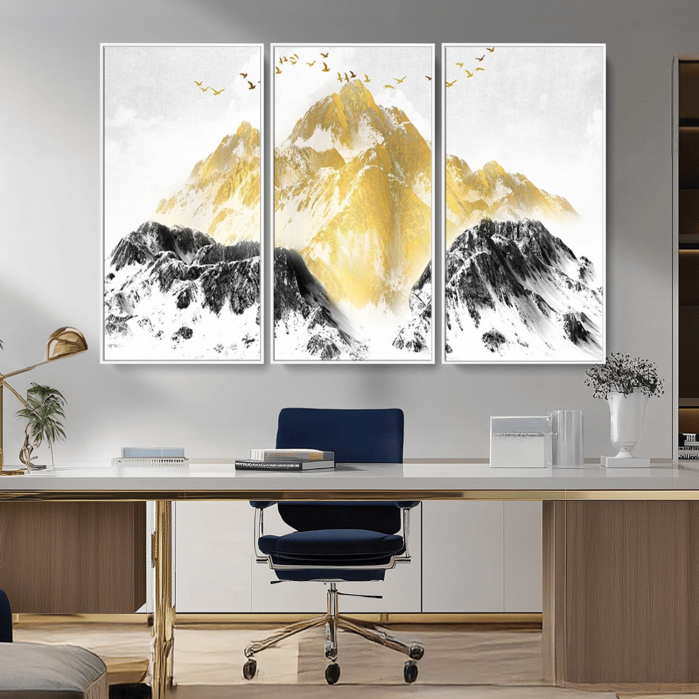 MGV-FC-48X32-3P - Golden Mountain Triptych Wall Art, Modern Giclee Canvas Print, Nature Landscape Decor for Living Room, Contemporary Gold and Black Wall Art