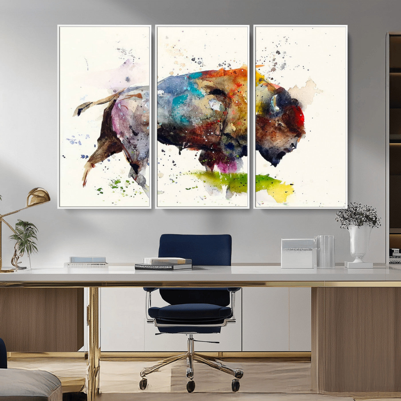 MGV-FC-48X32-3P - Abstract Buffalo Wall Art, Western Watercolor Bison Canvas Print, Rustic Buffalo Art for Cowboy and Western Decor, Large Multi-Panel Giclee Canvas