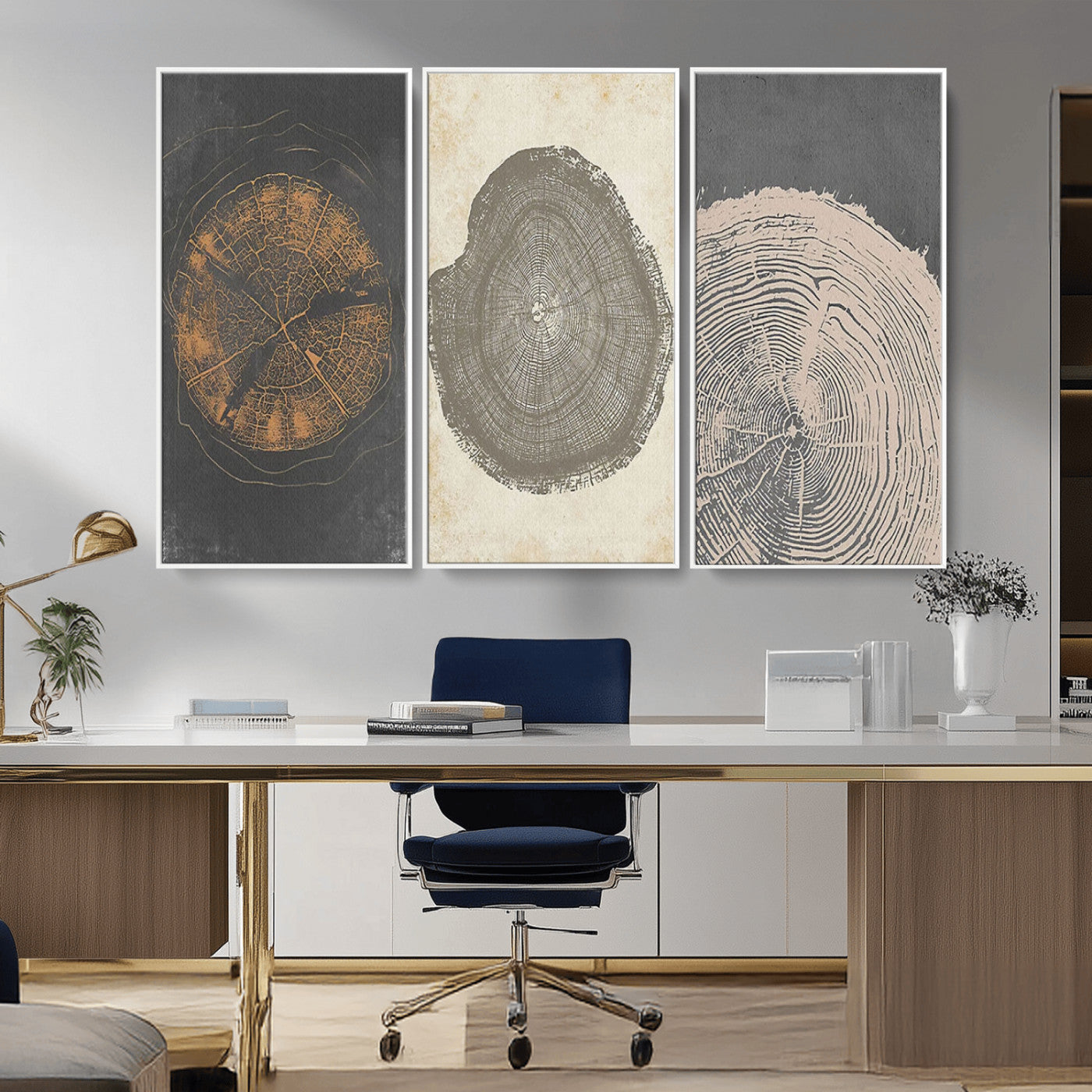 MGV-FC-48X32-3P - Boho Tree Ring Wall Art, Modern Minimalist Wood Grain Canvas, Tree Slice for Rustic Decor, Farmhouse Decor Giclee Canvas Print, Tree Ring Canvas Set