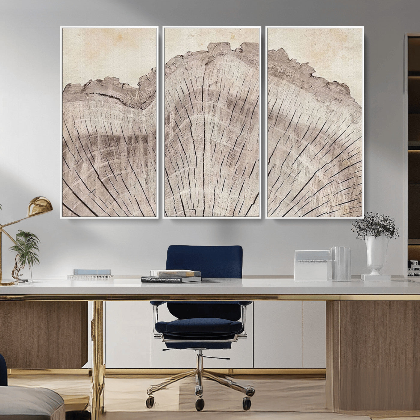 MGV-FC-48X32-3P - Tree Ring Wall Art Triptych, Rustic Wood Ring Canvas Print, Minimalist Wall Decor for Modern Homes and Farmhouse Decor