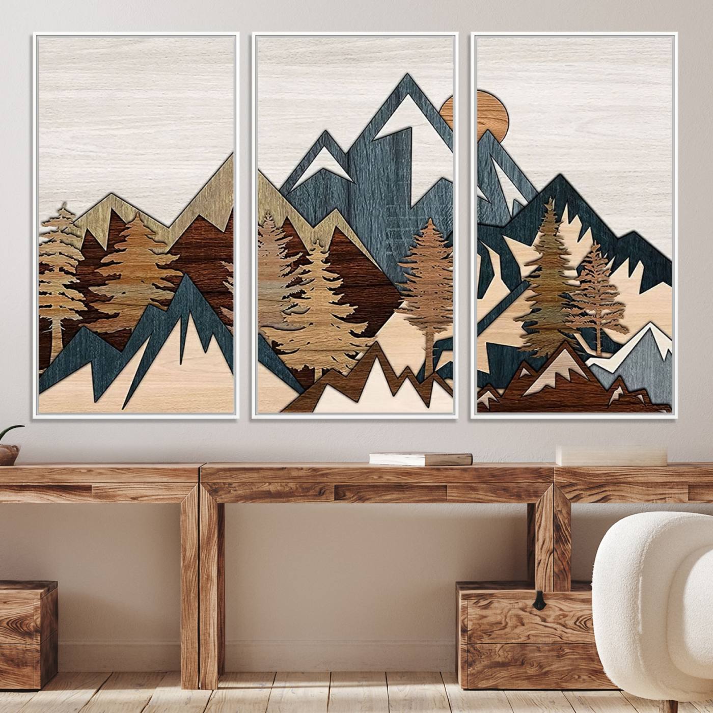 67950-MGV-CV-36X24-Rustic Abstract Wood Panel Effect Canvas Mountain Range Top Wood Wall Art Canvas Print