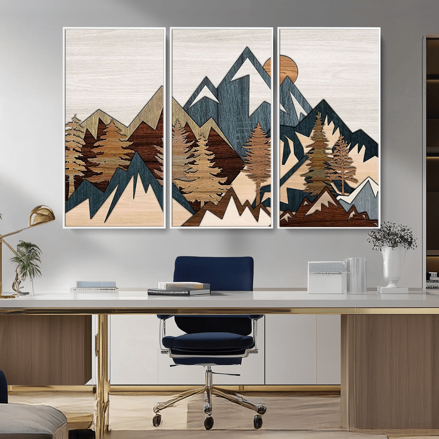 MGV-FC-48X32-3P - Rustic Abstract Wood Panel Effect Canvas Mountain Range Top Wood Wall Art Canvas Print