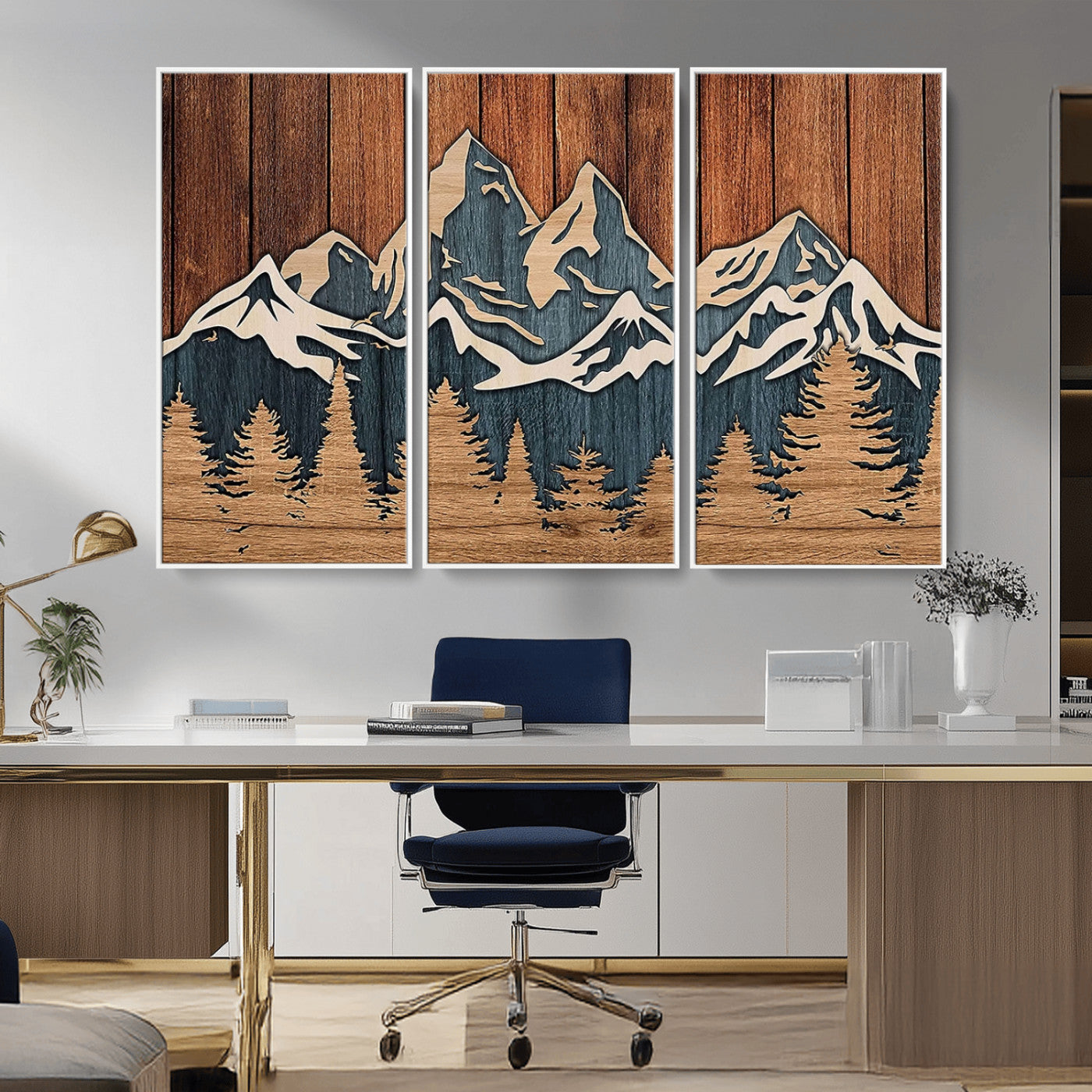 MGV-FC-48X32-3P - Rustic Wood Style Mountain Wall Art, Nature Forest Canvas Print, Wooden Textured Mountain Artwork, Handcrafted Landscape Decor for Farmhouse Decor