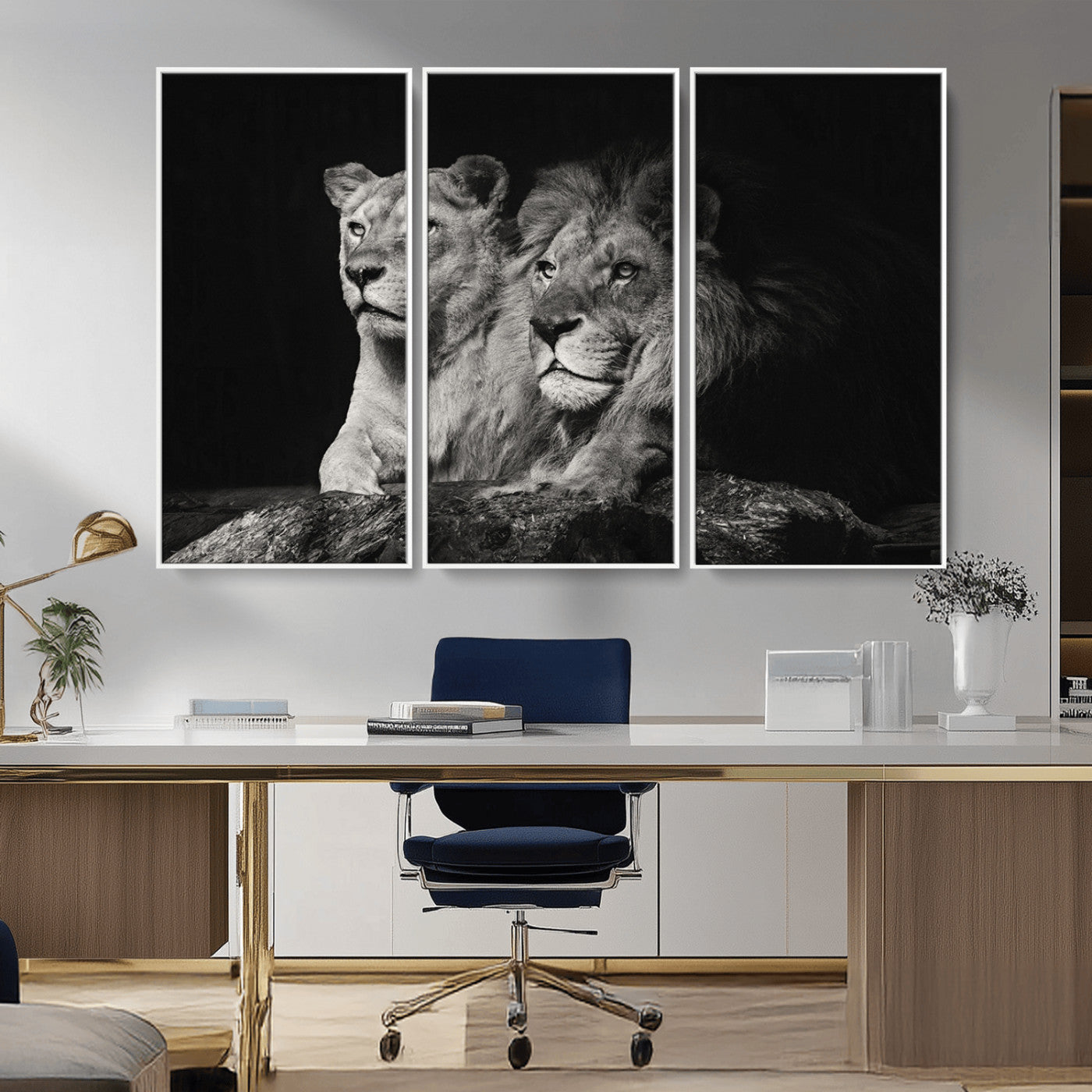 MGV-FC-48X32-3P - Lion Couple Canvas Wall Art Print – Elegant Wildlife Portrait in Black and White Lion Family – Ready to Hang