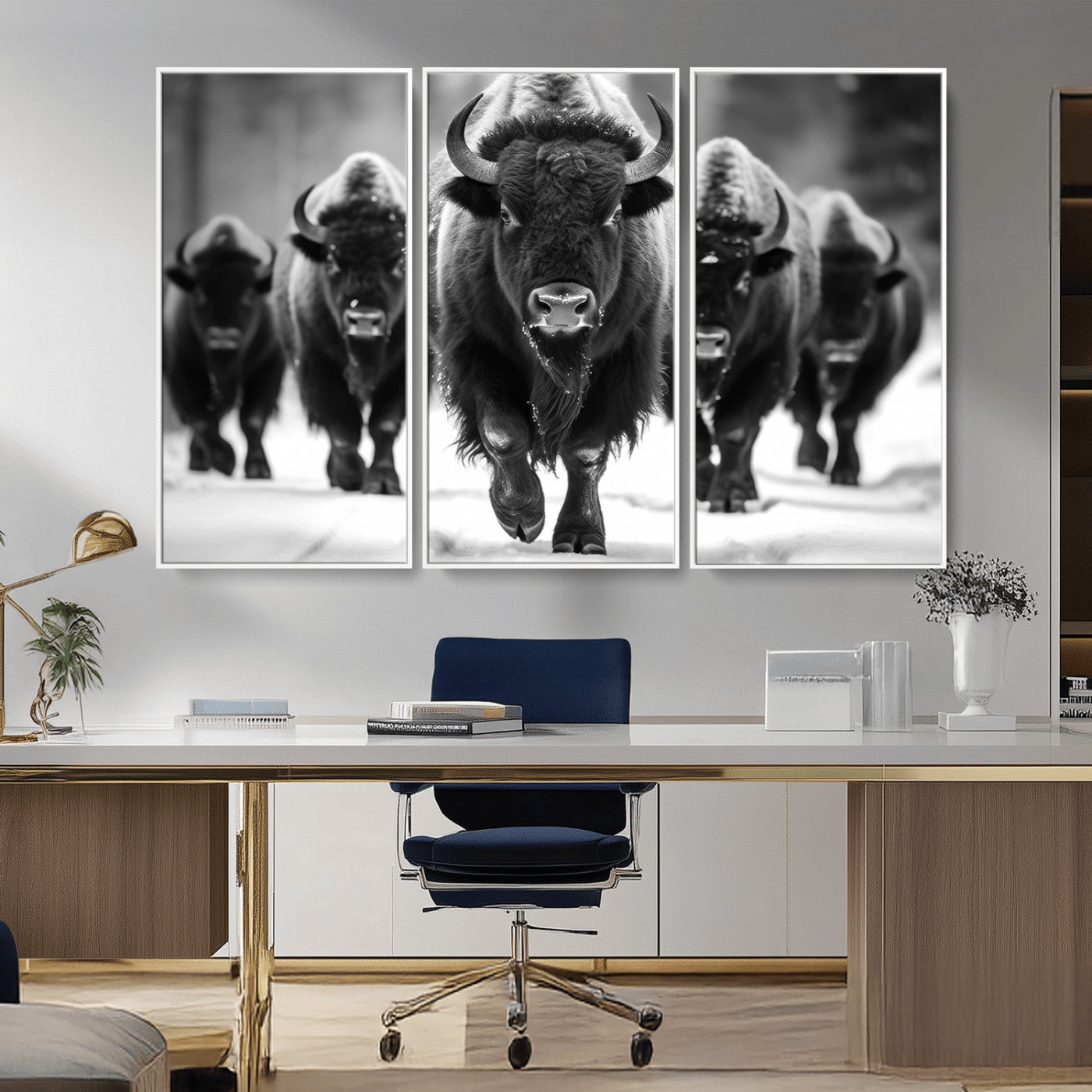 MGV-FC-48X32-3P - American Bison Art | Buffalo Herd Wall Art Canvas Print, BW American Bison Herd Wall Art Canvas Print
