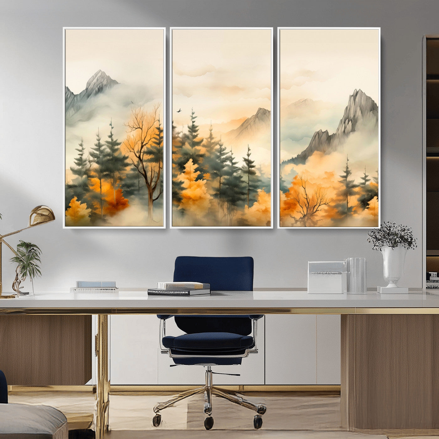 MGV-FC-48X32-3P - Abstract Watercolor Mountains and Trees Autumn Art, Watercolor Mountains and Trees Canvas Print