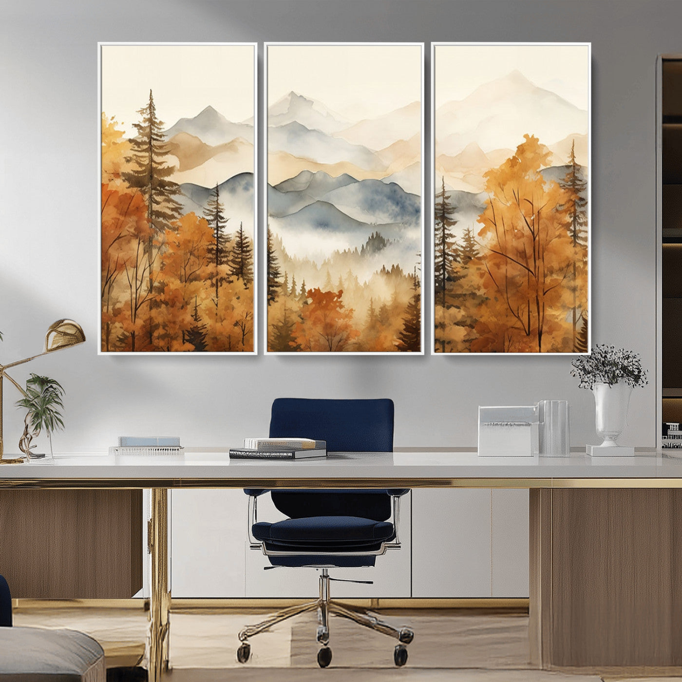 MGV-FC-48X32-3P - Golden Autumn Forest Wall Art | Mountain Landscape Canvas Print for Living Room or Bedroom | Large Wall Decor with Nature-Inspired Design