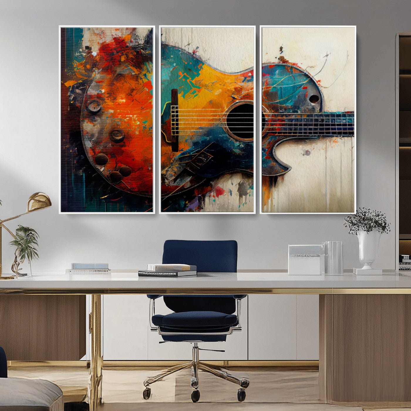 MGV-FC-48X32-3P - Abstract Guitar Wall Art Canvas | Vibrant Music-Inspired Art for Living Room or Studio | Colorful Music Decor Canvas Print