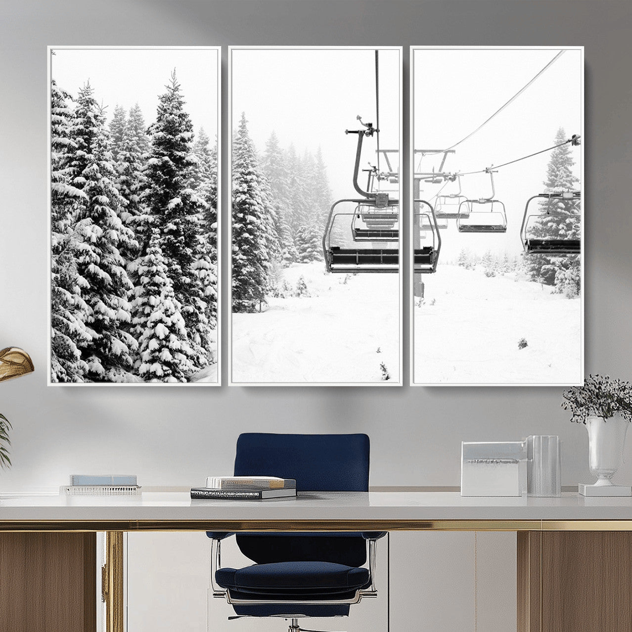 70609-MGV-CV-36X24 - Winter Forest Wall Art Canvas Print, Framed Snowy Forest Art Picture Print, Winter Ski Lift Perfect