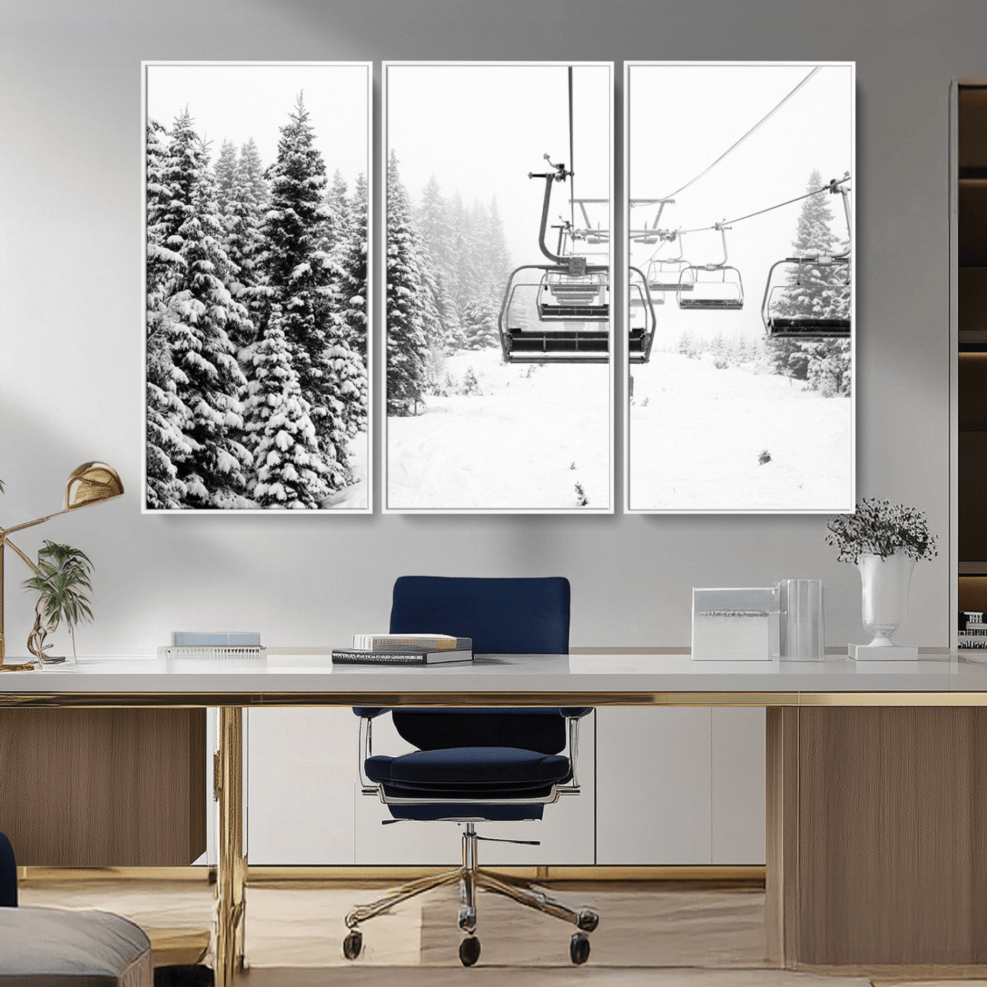 MGV-FC-48X32-3P - Winter Forest Wall Art Canvas Print, Framed Snowy Forest Art Picture Print, Winter Ski Lift Perfect