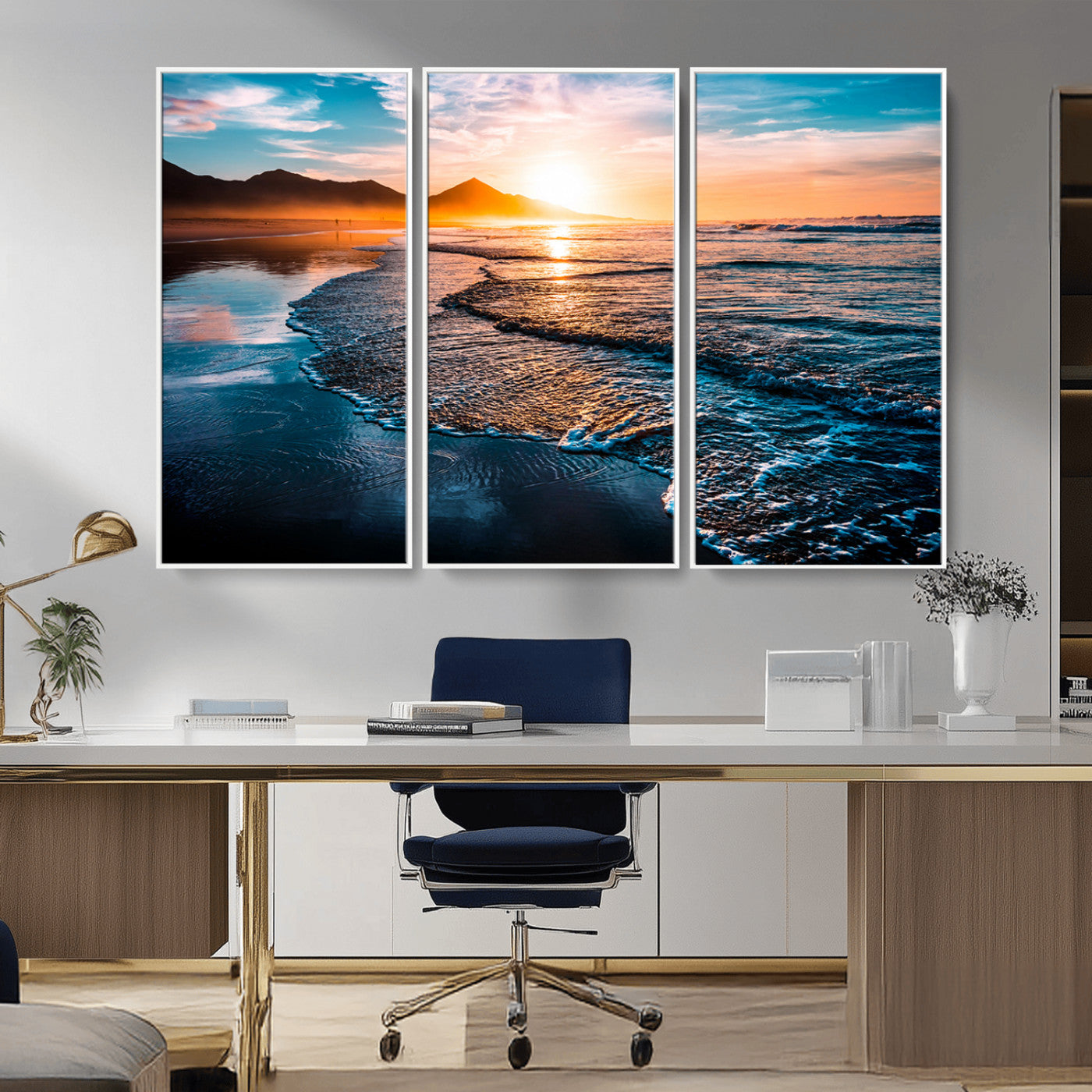 MGV-FC-48X32-3P - Beach Ocean Sunset on the Sea Wall Art Canvas, Beach Ocean Sunset Canvas Print