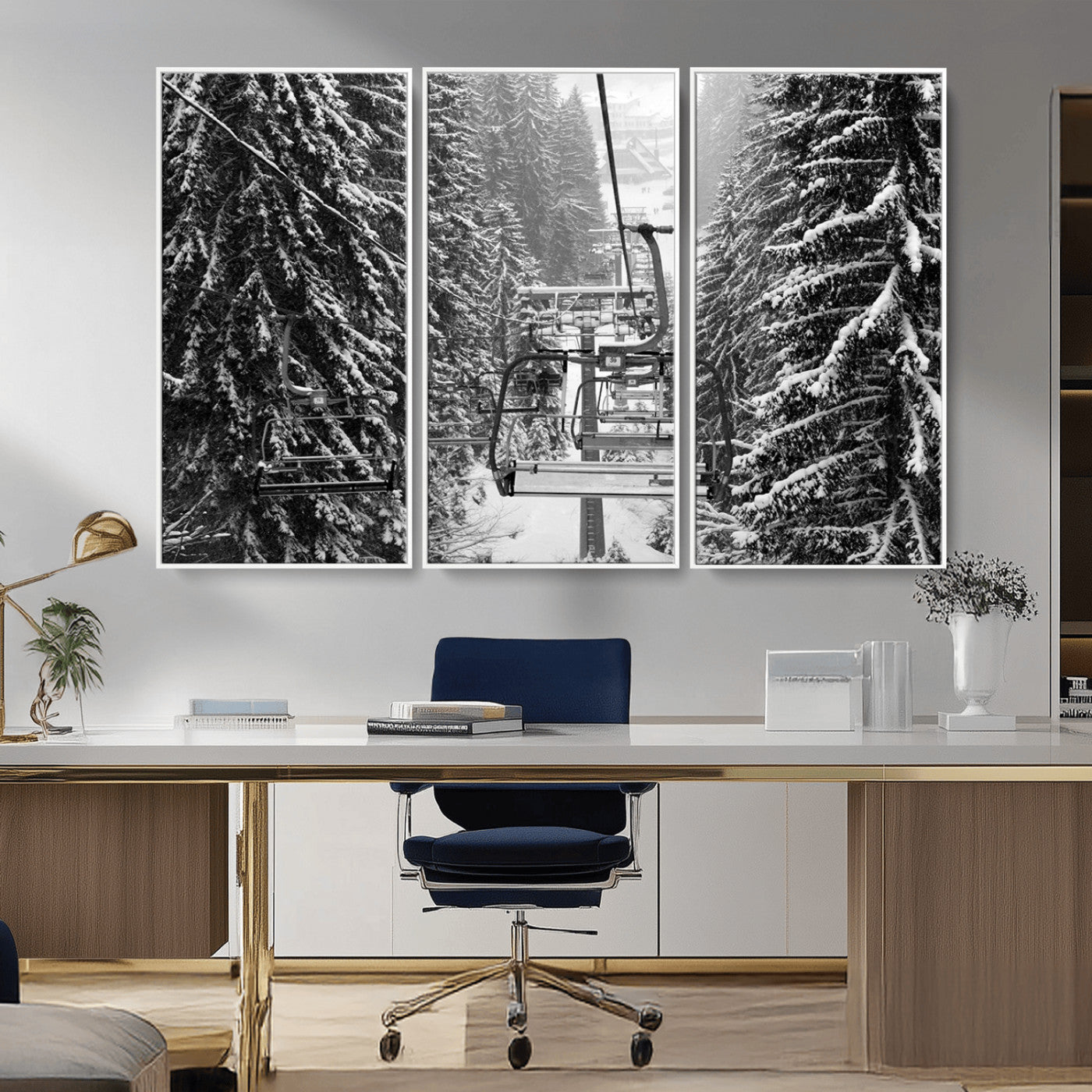 MGV-FC-48X32-3P - Winter Ski Lift Black and White Canvas Wall Art – Alpine Escape in Minimalist Style – Ready to Hang