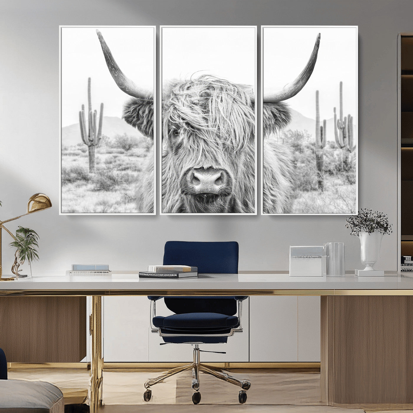 94579-MGV-FC-48X32-3P_White-Rustic Charm | Cow Longhorn Black White Bighorn Wall Art Canvas Print | Farmhouse Wall Art