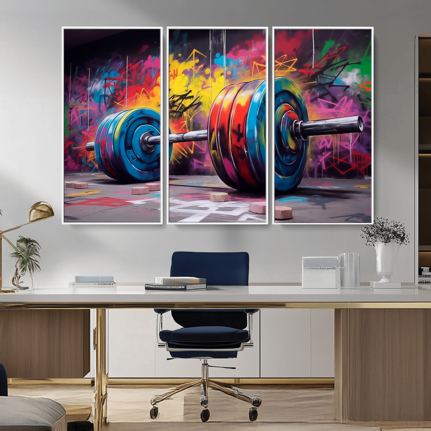 MGV-FC-48X32-3P - Abstract Graffiti Barbell Canvas Wall Art – Urban Fitness Meets Bold Street Art Print - Gym Wall Art Print