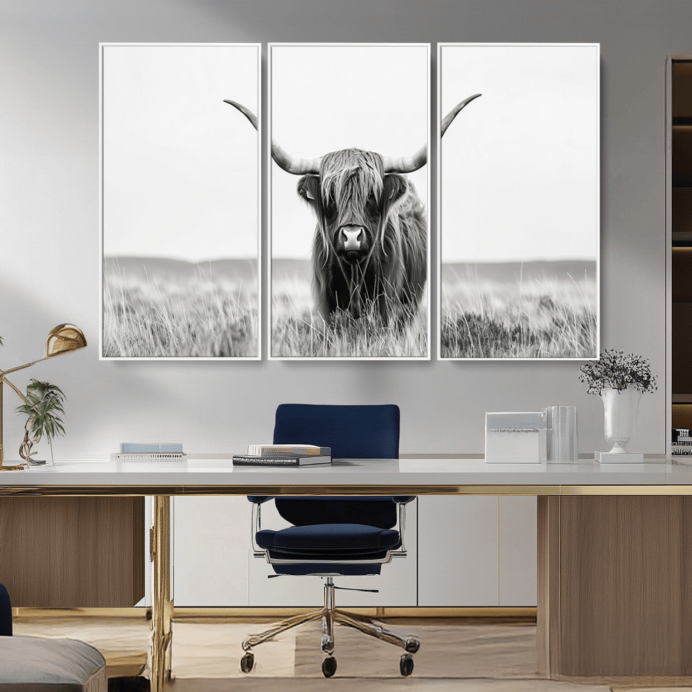 MGV-FC-48X32-3P - Highland Cow Canvas Wall Art – Majestic Beauty in Black and White – Ready to Hang