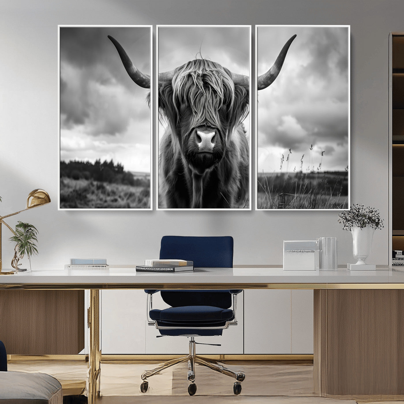 MGV-FC-48X32-3P - Scottish Cow Wall Art Canvas Print | Longhorn Wall Art | Bighorn Animal Wall Art