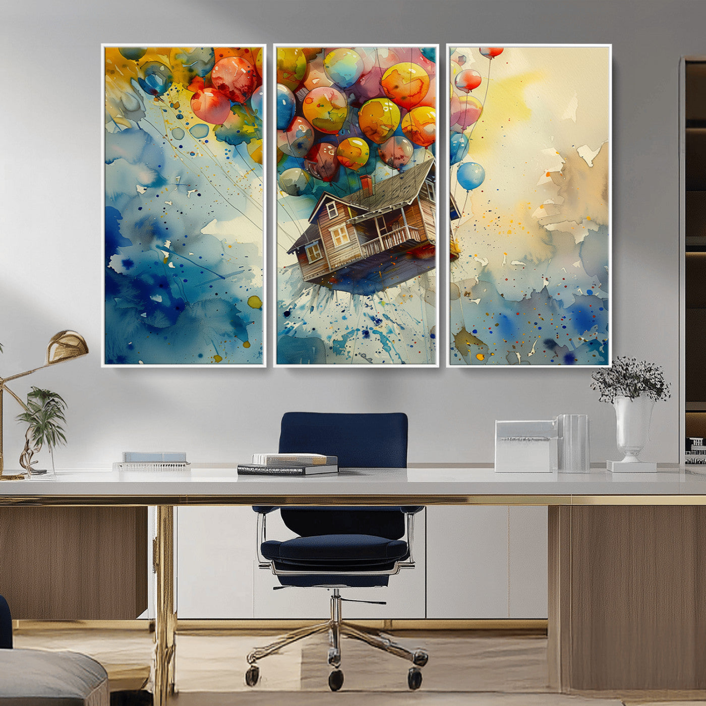 MGV-FC-48X32-3P - UP-Inspired Floating House with Balloons Canvas Art – Colorful 3-Panel Wall Decor for Living Room,