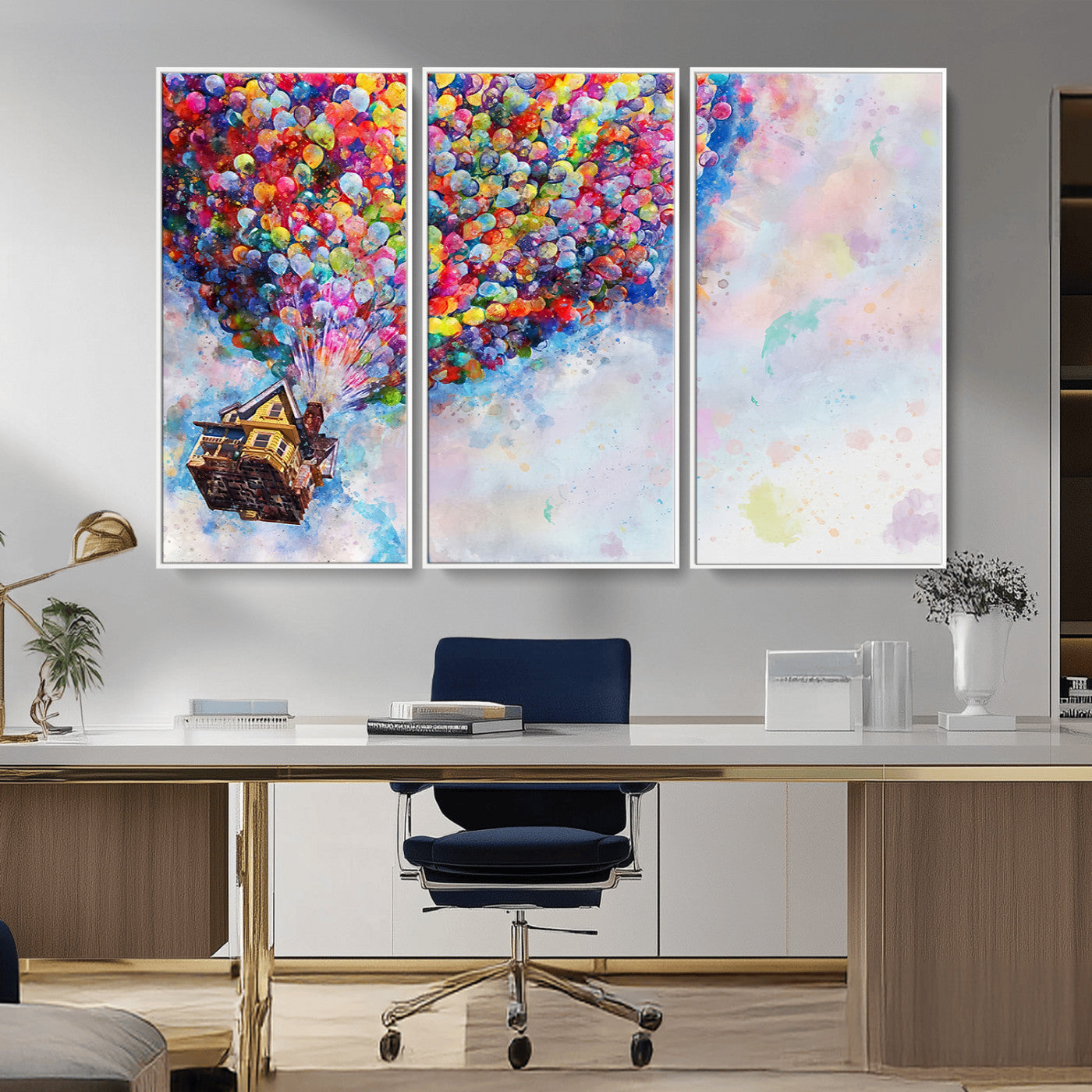 MGV-FC-48X32-3P - Don't Look Up Movie Canvas Wall Art - Vibrant Floating House and Balloons Scene, Tribute to Iconic