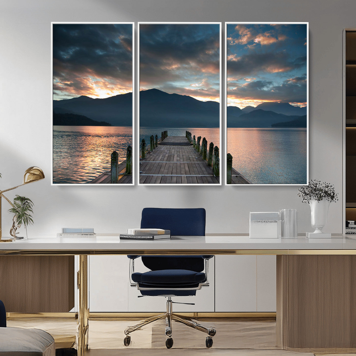MGV-FC-48X32-3P - Mountain Lake Wood Pier Canvas Wall Art Nature Lake Print