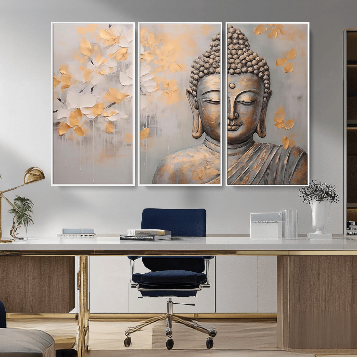 MGV-FC-48X32-3P - Abstract Buddha Statue Wall Art Canvas Print - Modern Meditation Decor for Living Room, Office, Yoga Studio Decor