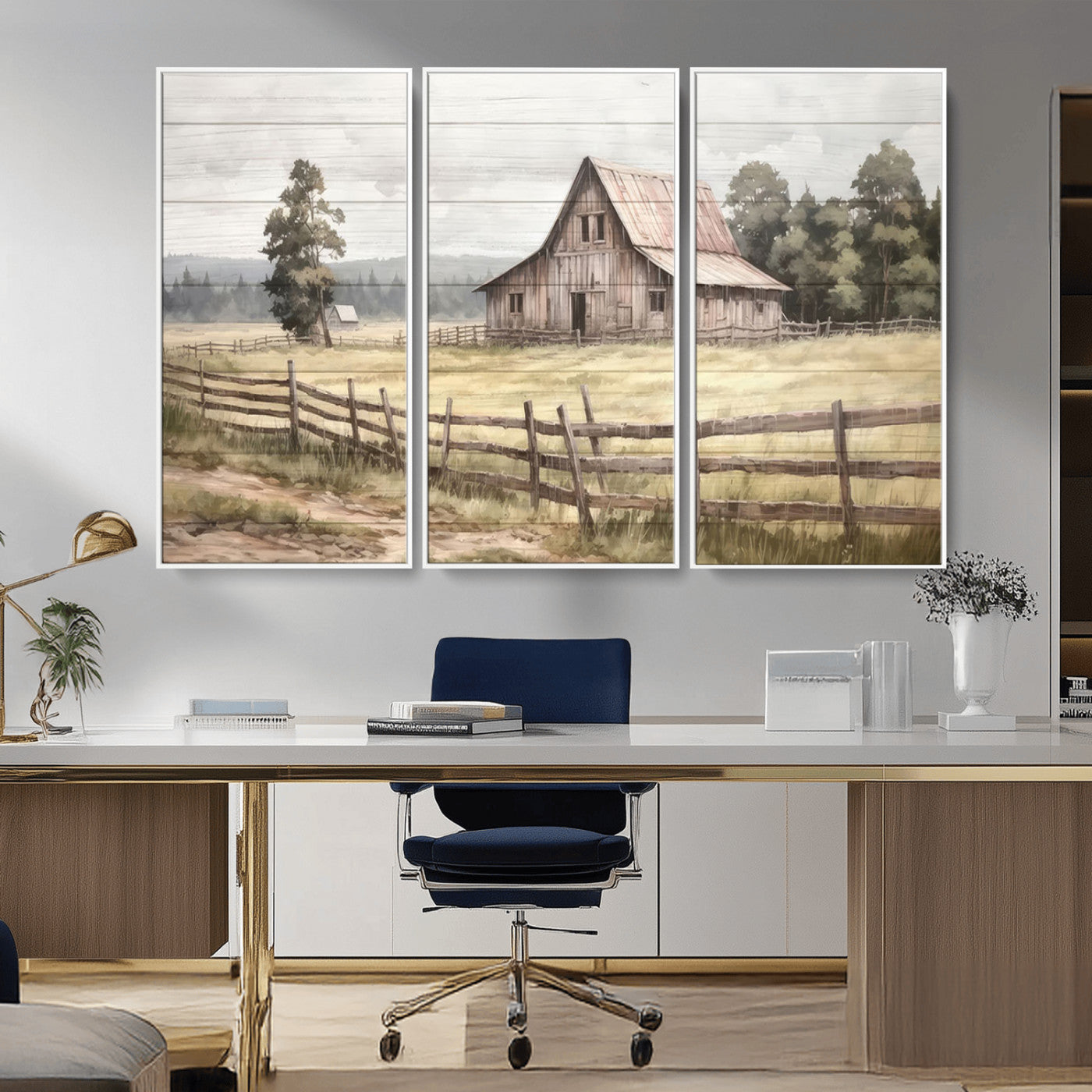 MGV-FC-48X32-3P - Rustic Farmhouse Barn Wall Art | 3-Panel Framed Gallery Wrap Giclee Canvas Print for Living Room, Farmhouse, or Office | Country Landscape Wall Art