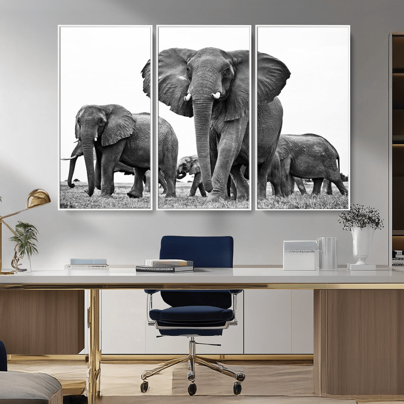 MGV-FC-48X32-3P - Black White Elephant Family Wall Art Canvas Print