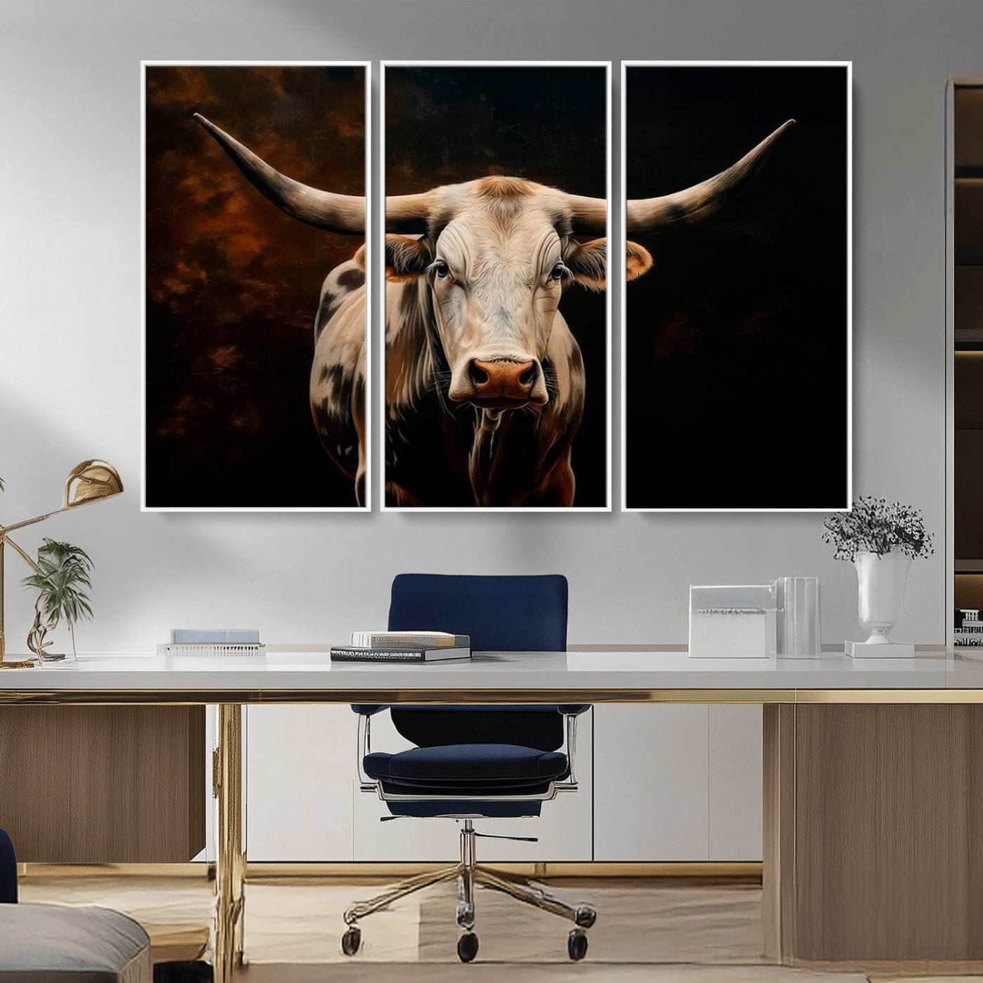 MGV-FC-48X32-3P - Texas Longhorn Wall Art | 3-Panel Large Texas Longhorn Canvas Print for Living Room, Office, or Farmhouse Decor | Framed Giclee Longhorn Wall Art