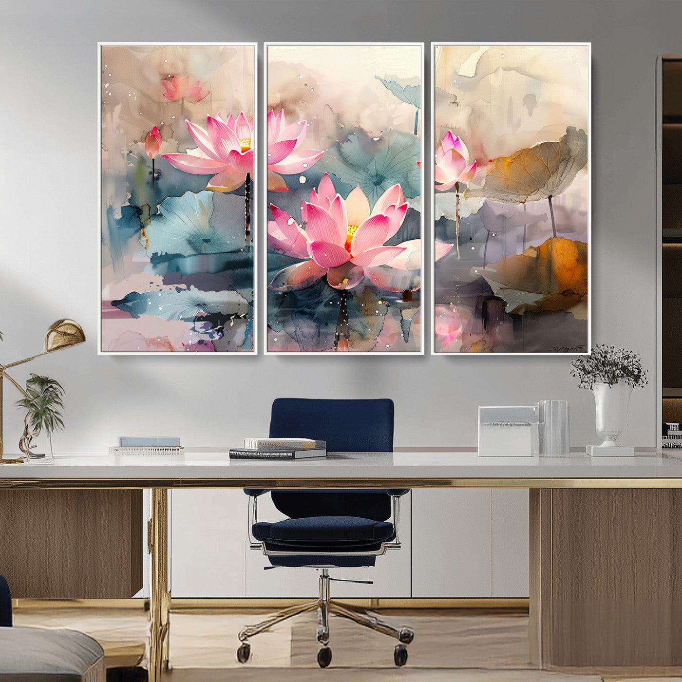 MGV-FC-48X32-3P - Lotus Flower Wall Art | 3-Panel Giclee Canvas Print of Pink Lotus Blossoms for Living Room, Bedroom, Office | Framed Lotus Floral Wall Art Decor Print