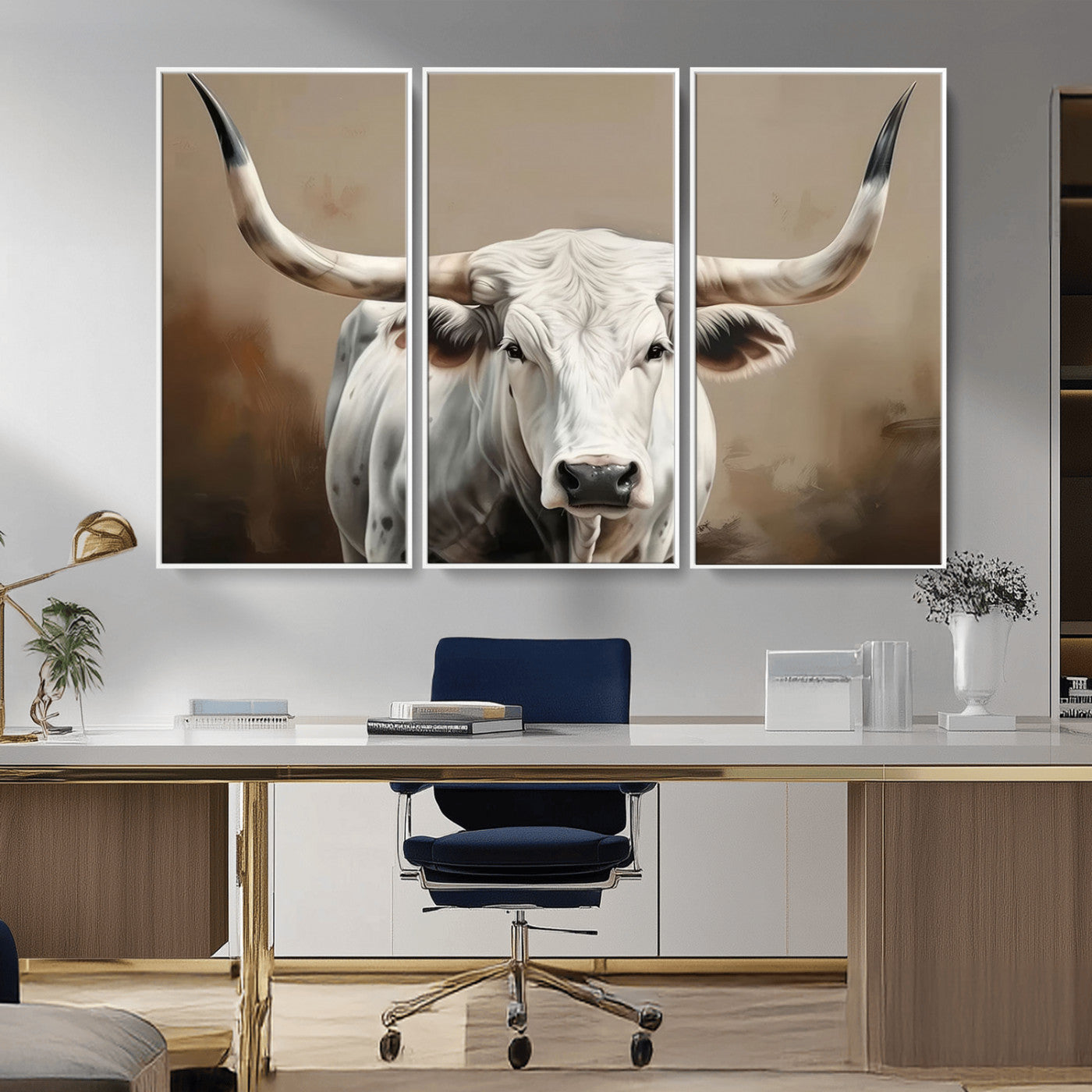 -White Longhorn Bull Wall Art Canvas Print – Framed and Ready to Hang – Perfect for Farmhouse and