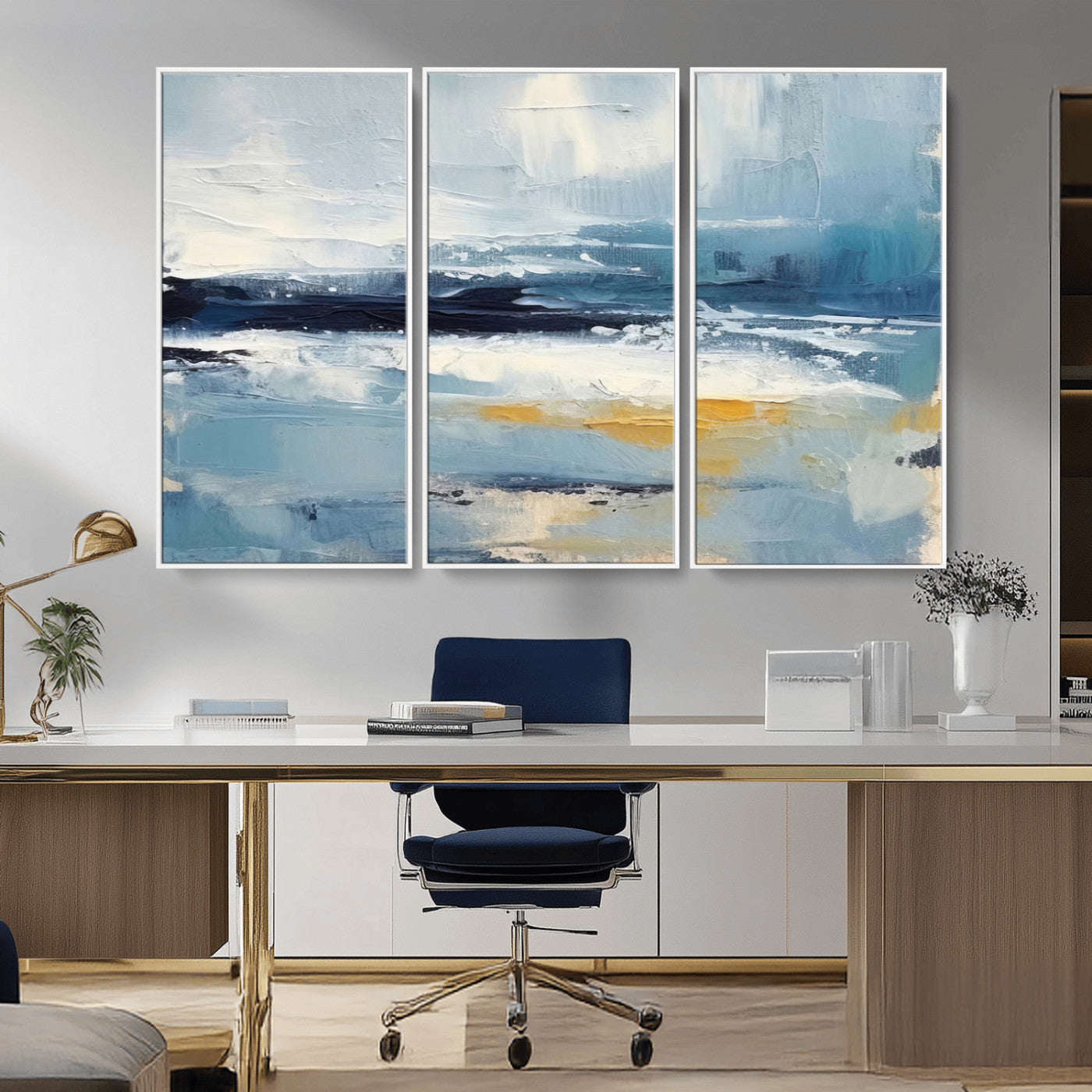MGV-FC-48X32-3P - Abstract Ocean Canvas Wall Art - Coastal Blue and Gold Textured Painting, Modern Seascape Decor for Living Room Decor