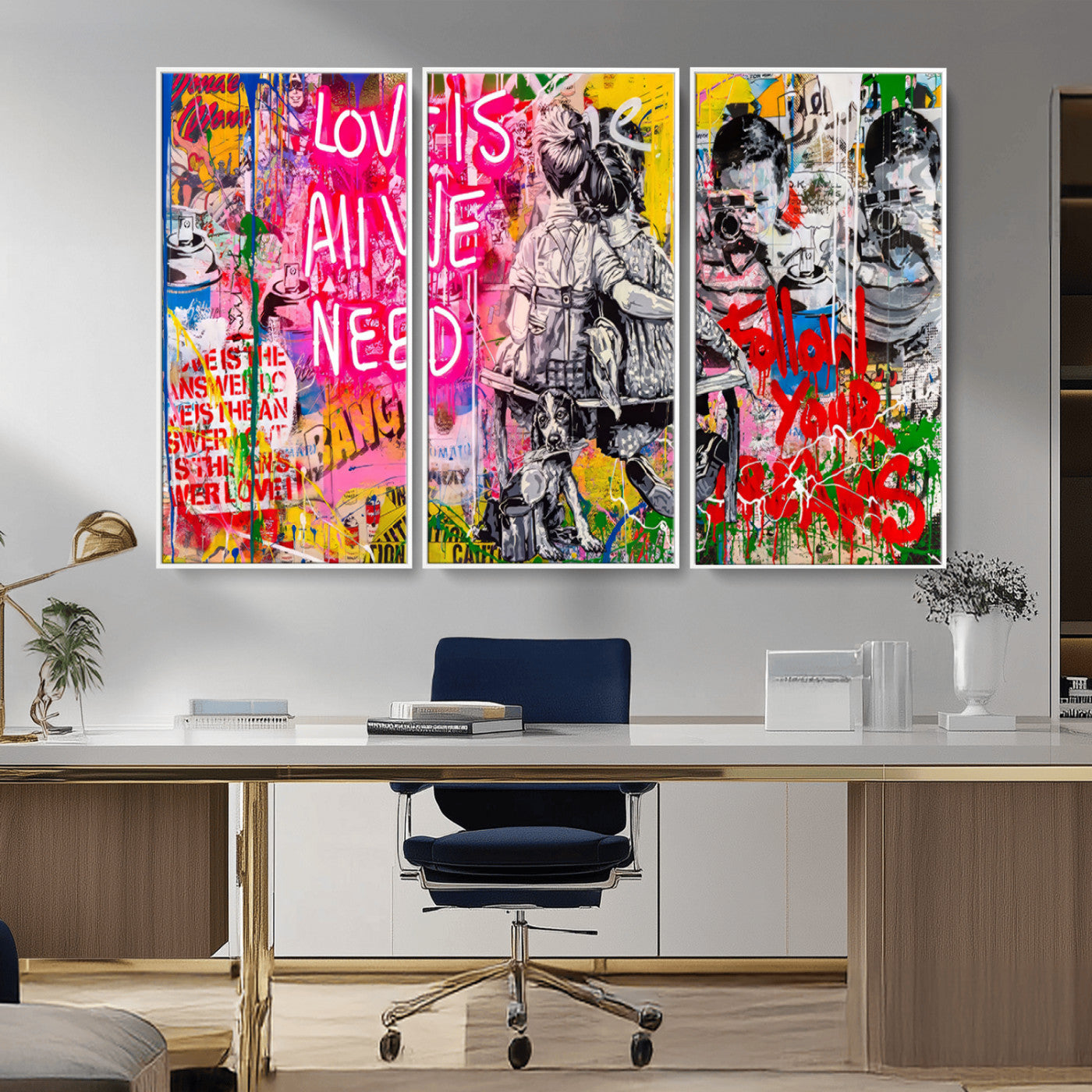 MGV-FC-48X32-3P - Follow Your Dreams & Love is All We Need Graffiti Street Art Triptych | 3-Panel Colorful Urban Wall Art for Living Room, Office, Loft Graffiti Wall Art Print