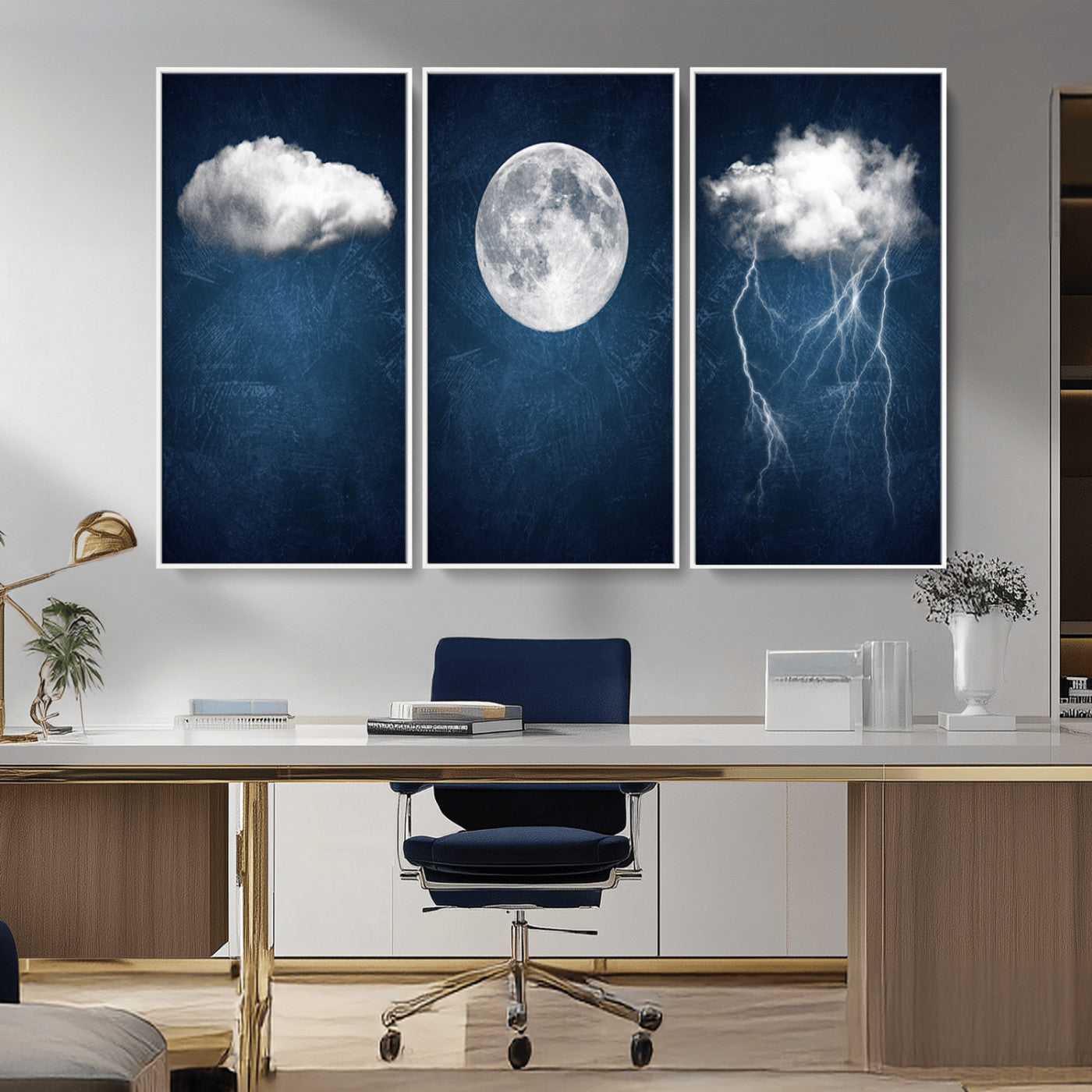 -Dark Blue Cloud Art, 3 Piece Indigo Blue Wall Art, Aesthetic Surreal Art, Thunderstorm Moon Cloud