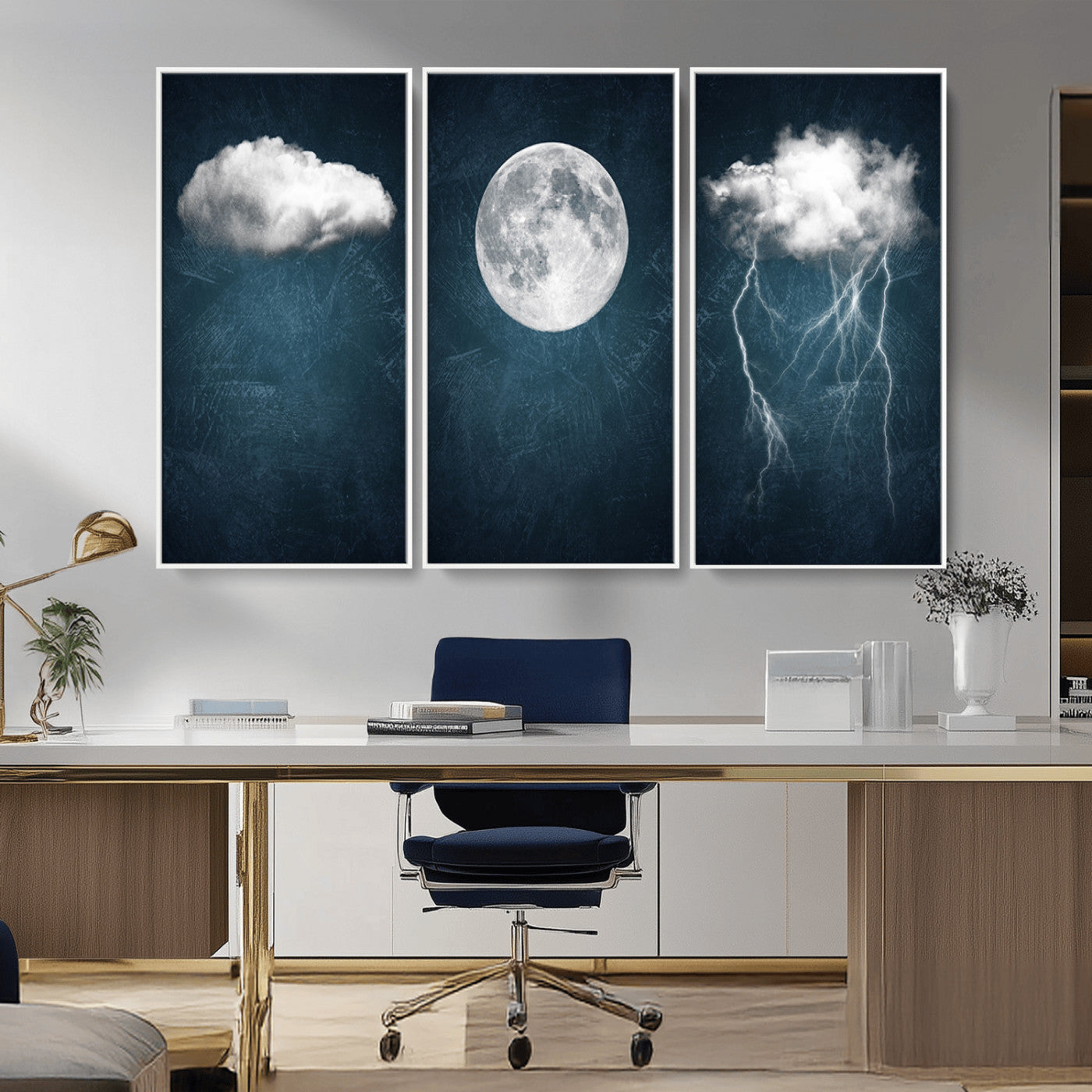 17673-MGV-FC-48X32-3P_White-3 Piece Indigo Cloud Wall Art, Thunderstorm Moon Cloud Artworks