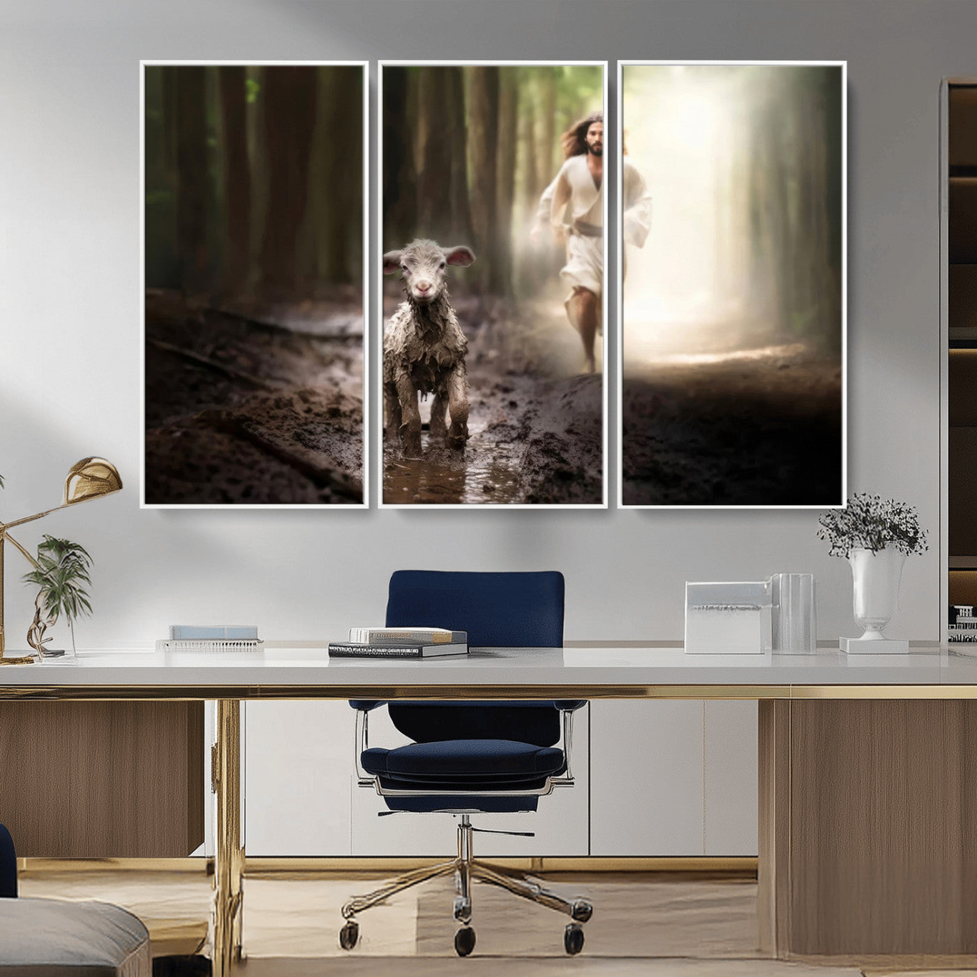 MGV-FC-48X32-3P - Jesus Canvas Wall Art - Jesus Running After Lost Lamb, Jesus, Christian Home Decor - Church Wall Art