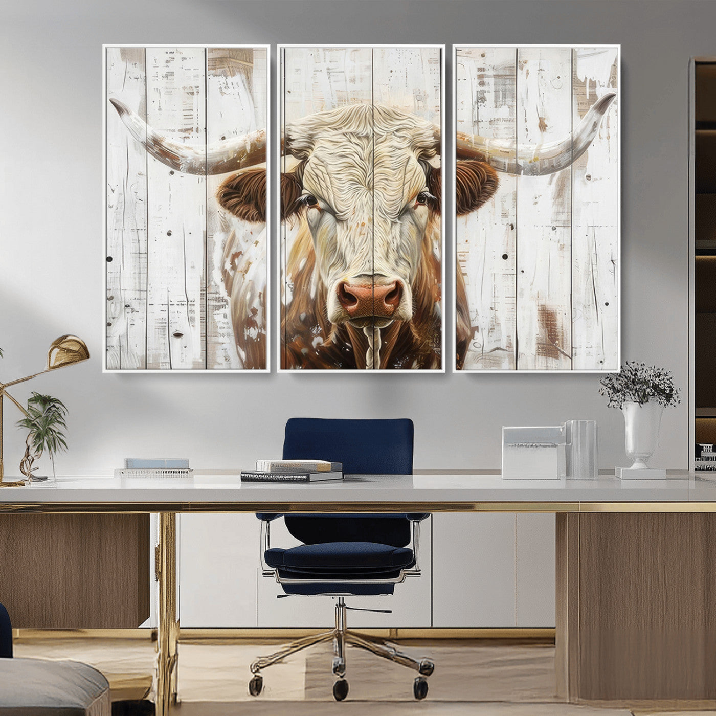 -Rustic Longhorn Bull Wall Art Canvas Set – Western-Inspired Farmhouse Décor - Ready to Hang