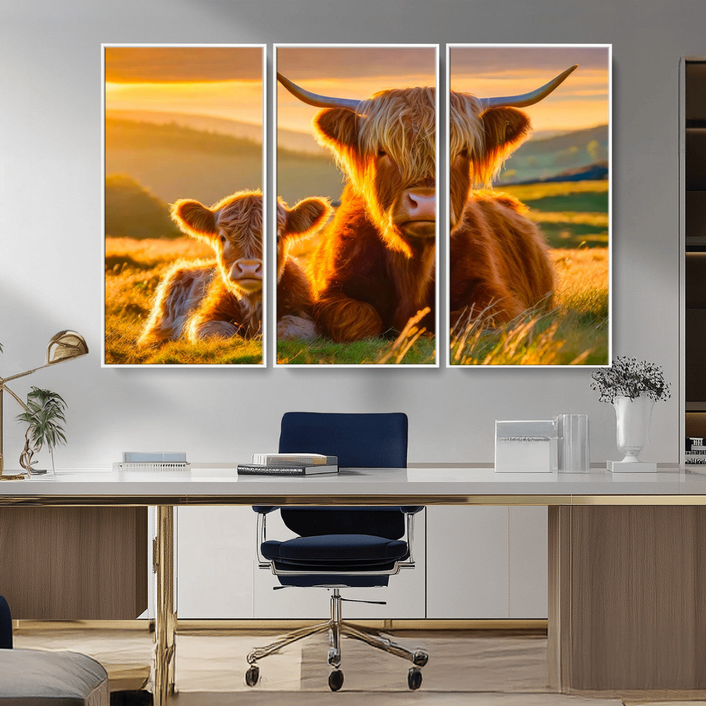 -Scottish Cow and Baby Cow Canvas Wall Art Animal Print Fluffy Cattle Framed Farmhouse Decor