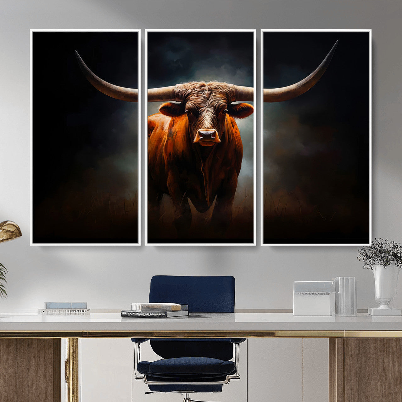48896-MGV-CV-36X24 - Abstract Texas Longhorn Wall Art Print | 3-Panel Large Texas Longhorn Canvas Print for Living Room,