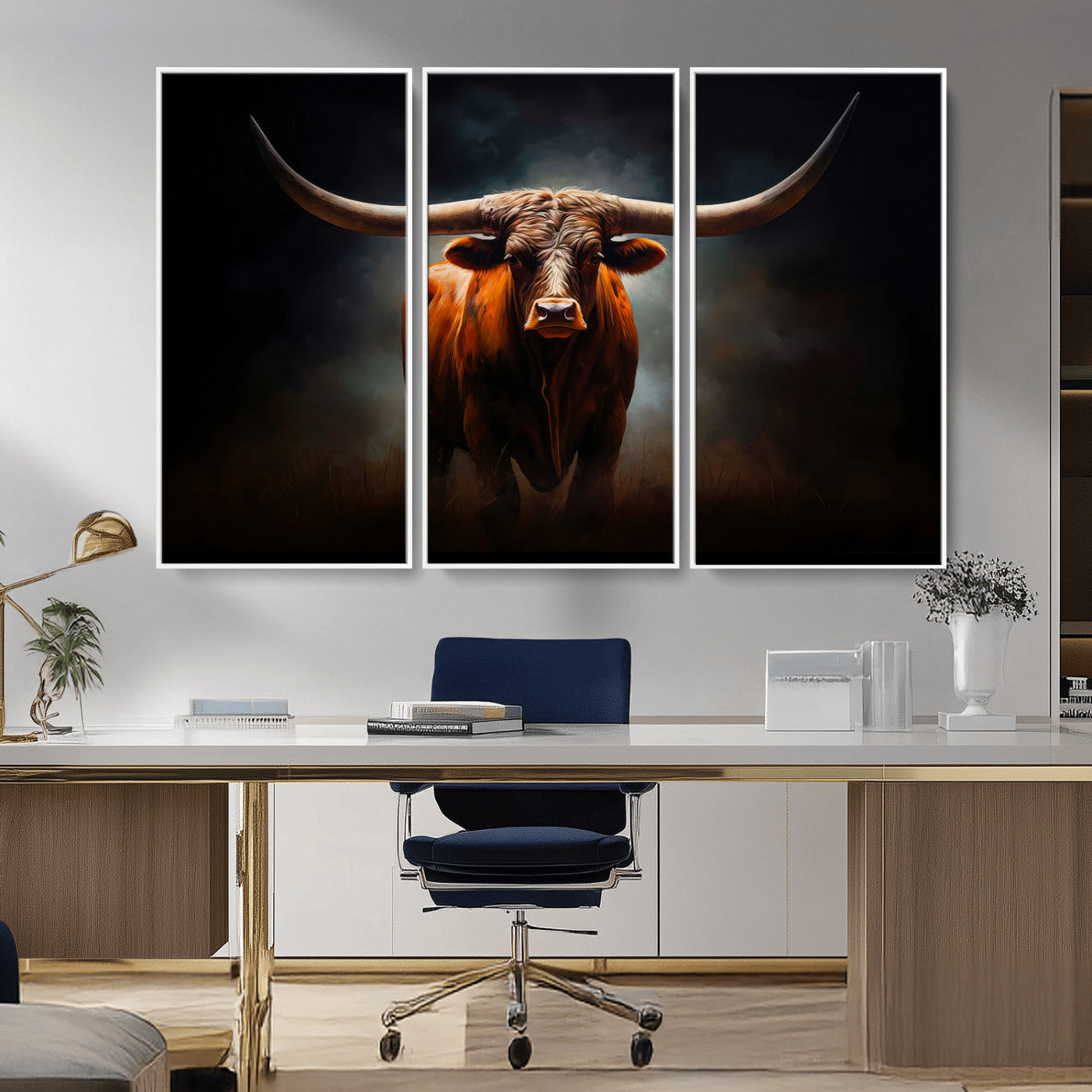 MGV-FC-48X32-3P - Abstract Texas Longhorn Wall Art Print | 3-Panel Large Texas Longhorn Canvas Print for Living Room, Office  Farmhouse Decor | Framed Longhorn Wall Art