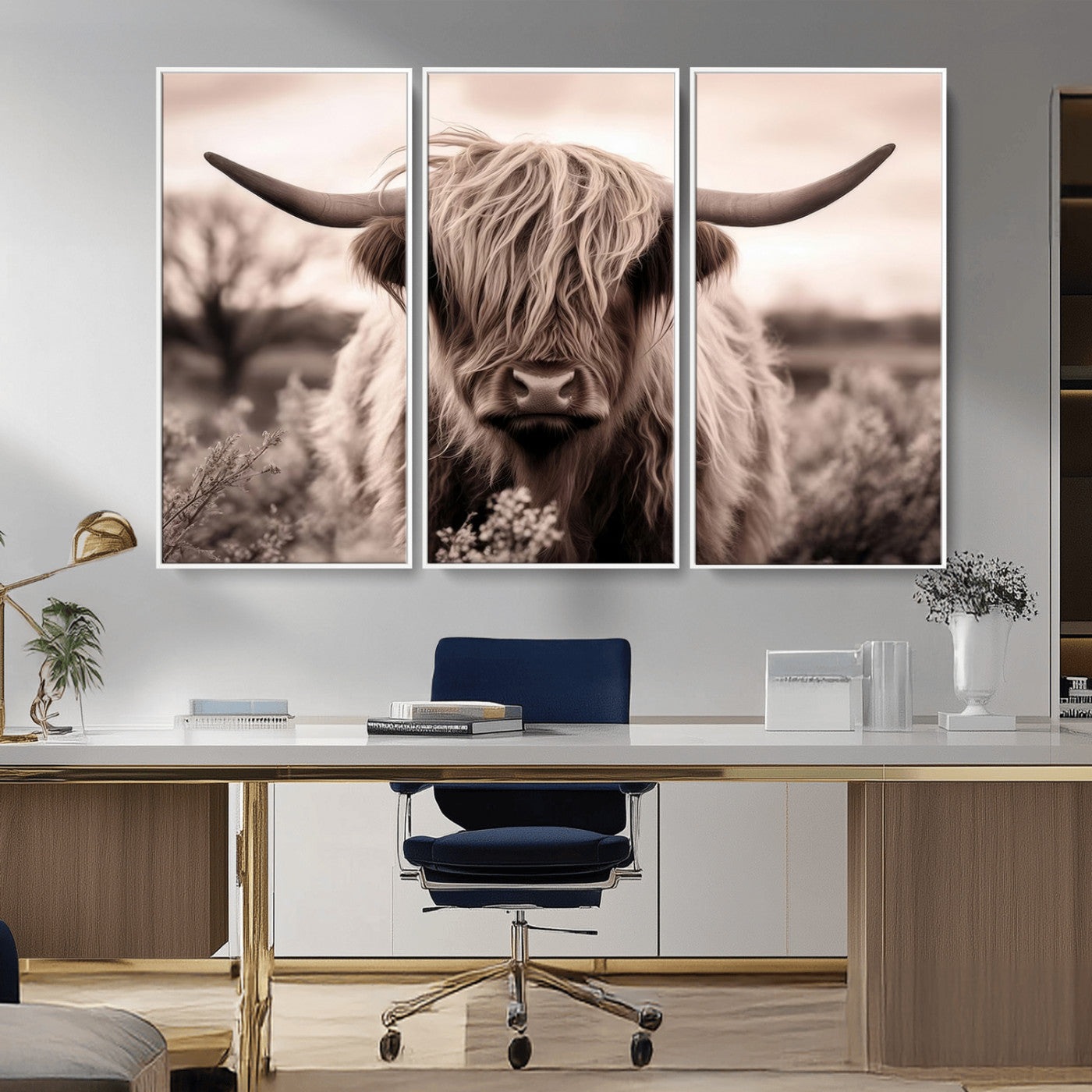 MGV-FC-48X32-3P - Scottish Cow Longhorn Wall Art Canvas Print