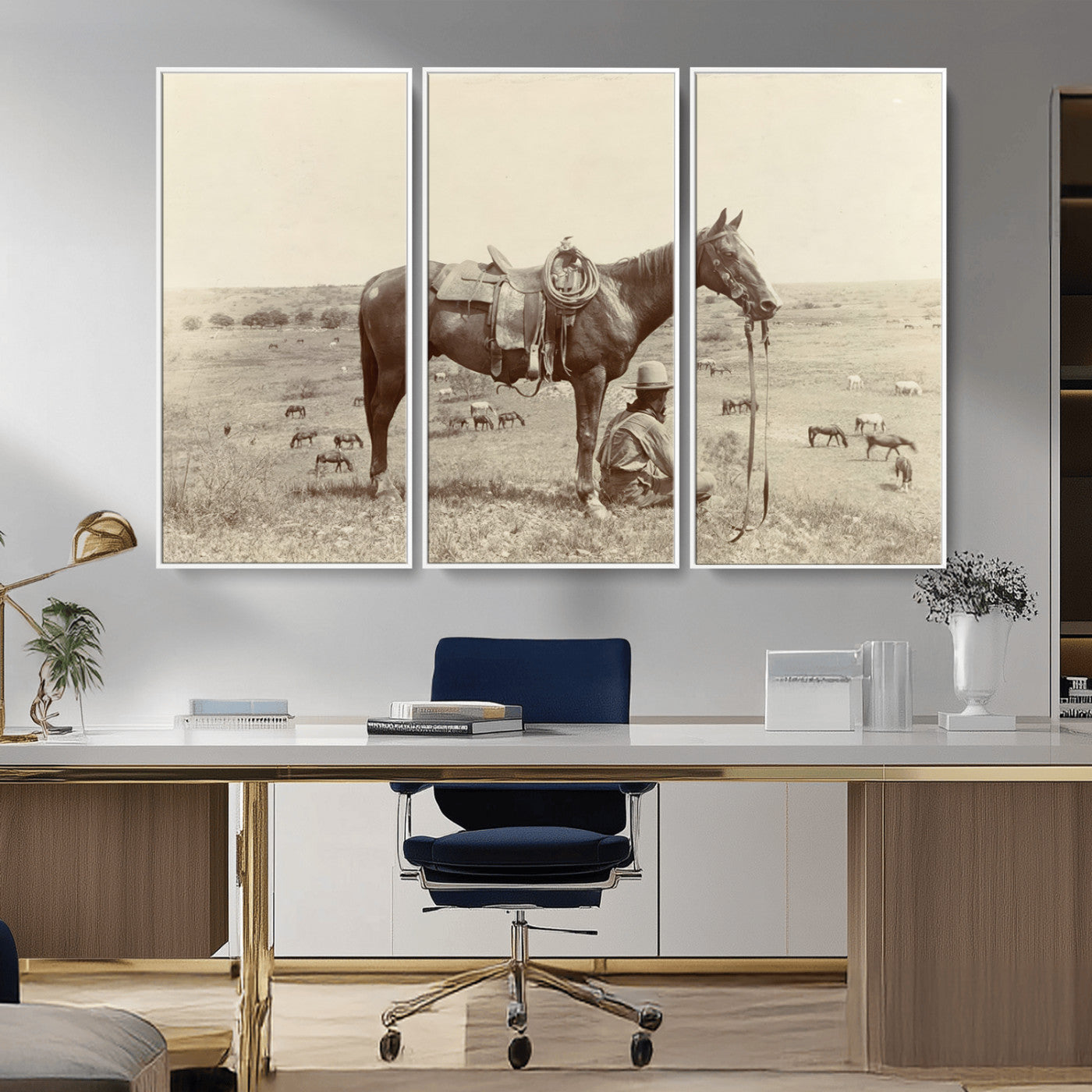 MGV-FC-48X32-3P - Cowboy Wall Art - Western Horse Canvas Print - Vintage Western Wall Art Canvas Print, Ready to Hang