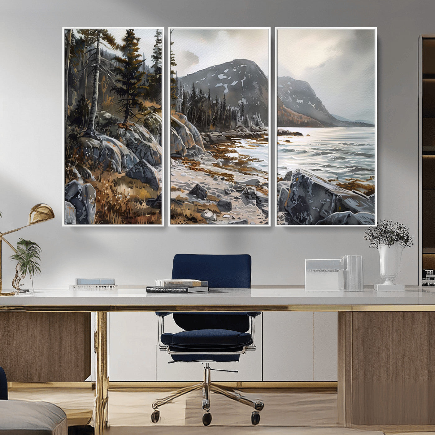 -Serene Coastal View of Acadia National Park - Stunning 3-Panel Wall Art Canvas Print, Framed, Ready