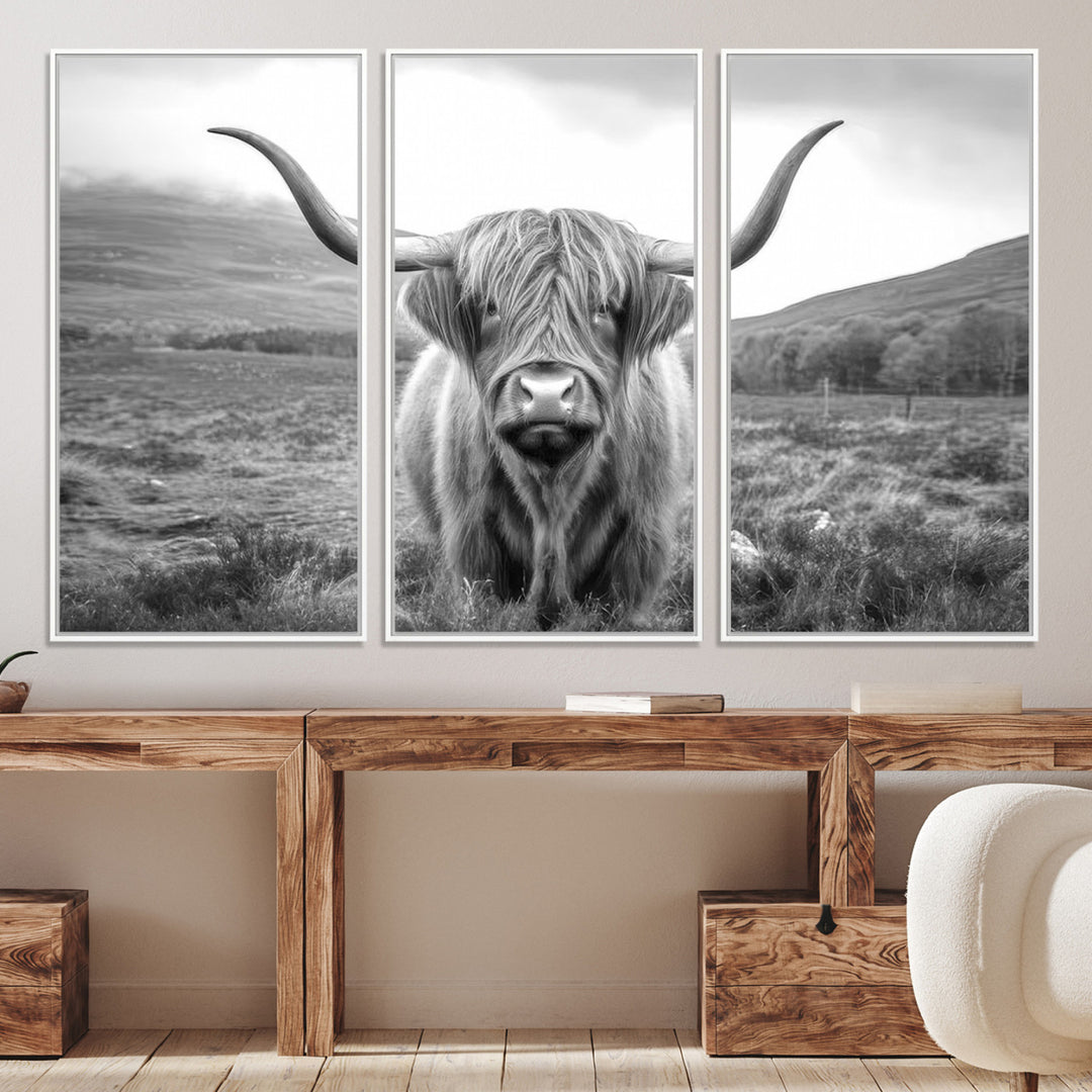 Black White Scottish Highland Cow Canvas Farm Wall Art Canvas Print