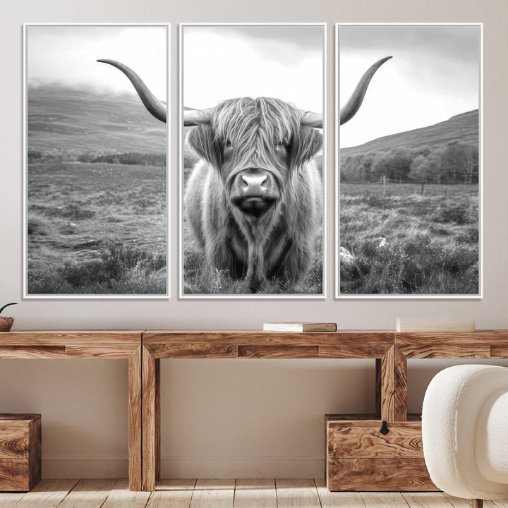 Black White Scottish Highland Cow Canvas Farm Wall Art Canvas Print