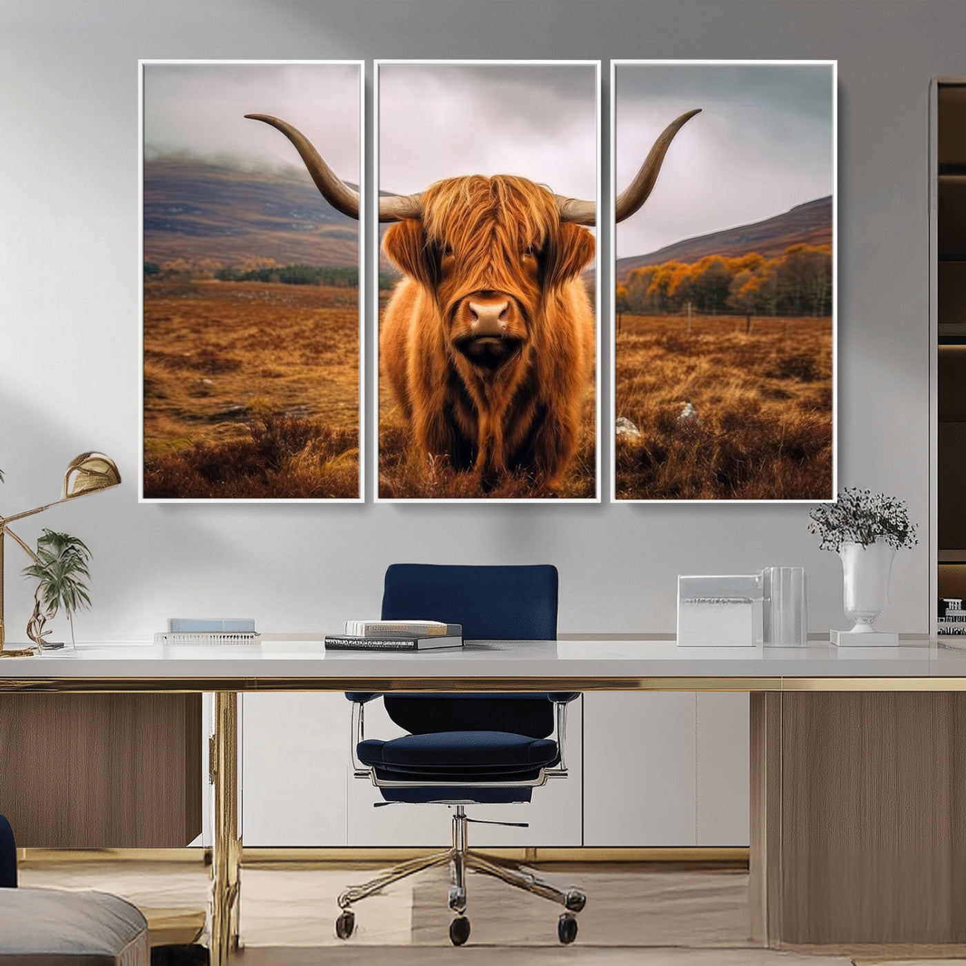 -Highland Cow Longhorn Wall Art – Rustic Canvas Print, Framed and Ready to Hang for Farmhouse Décor