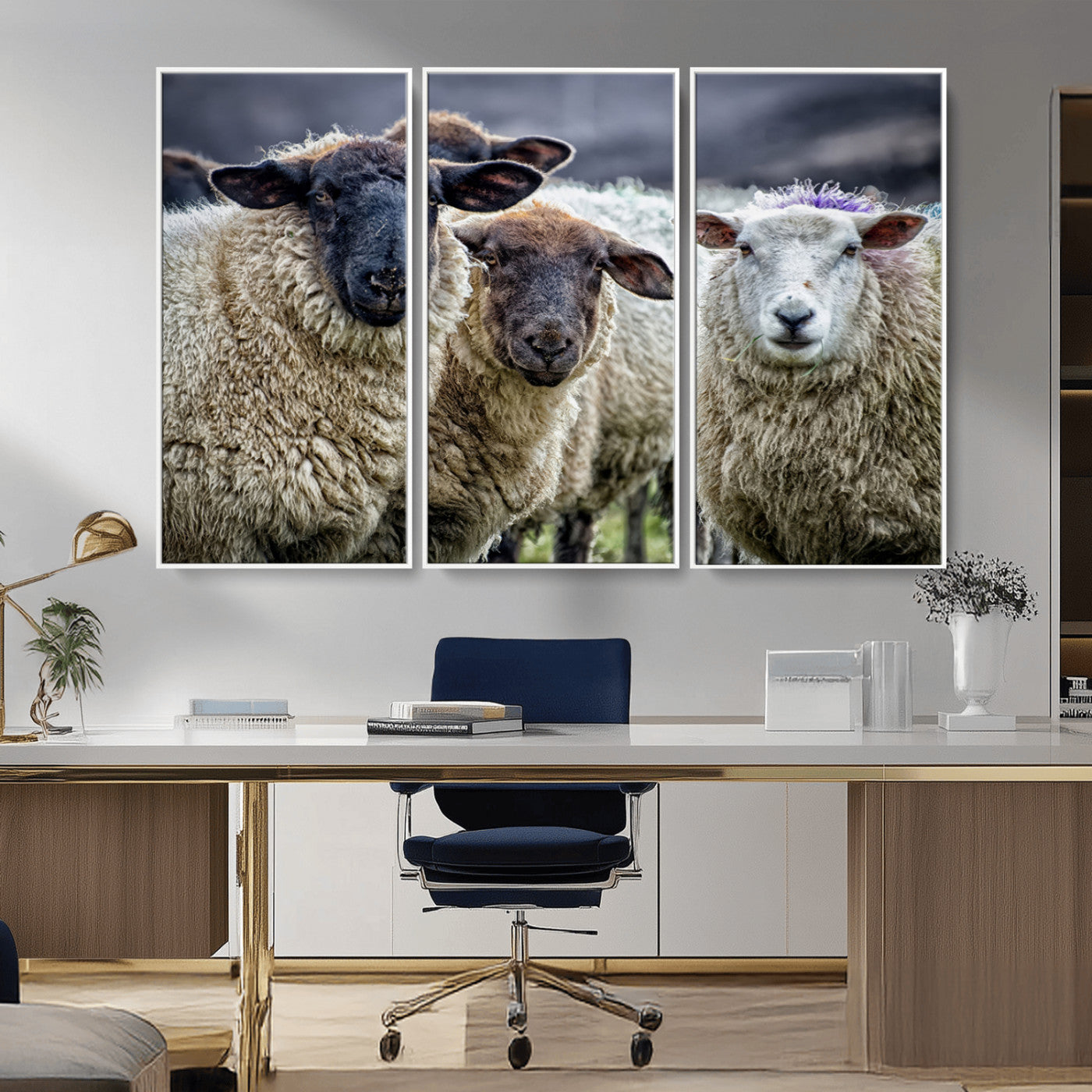 -Charming Sheep Portrait Wall Art – Trio of Woolly Companions Canvas Print, Framed, Ready to Hang