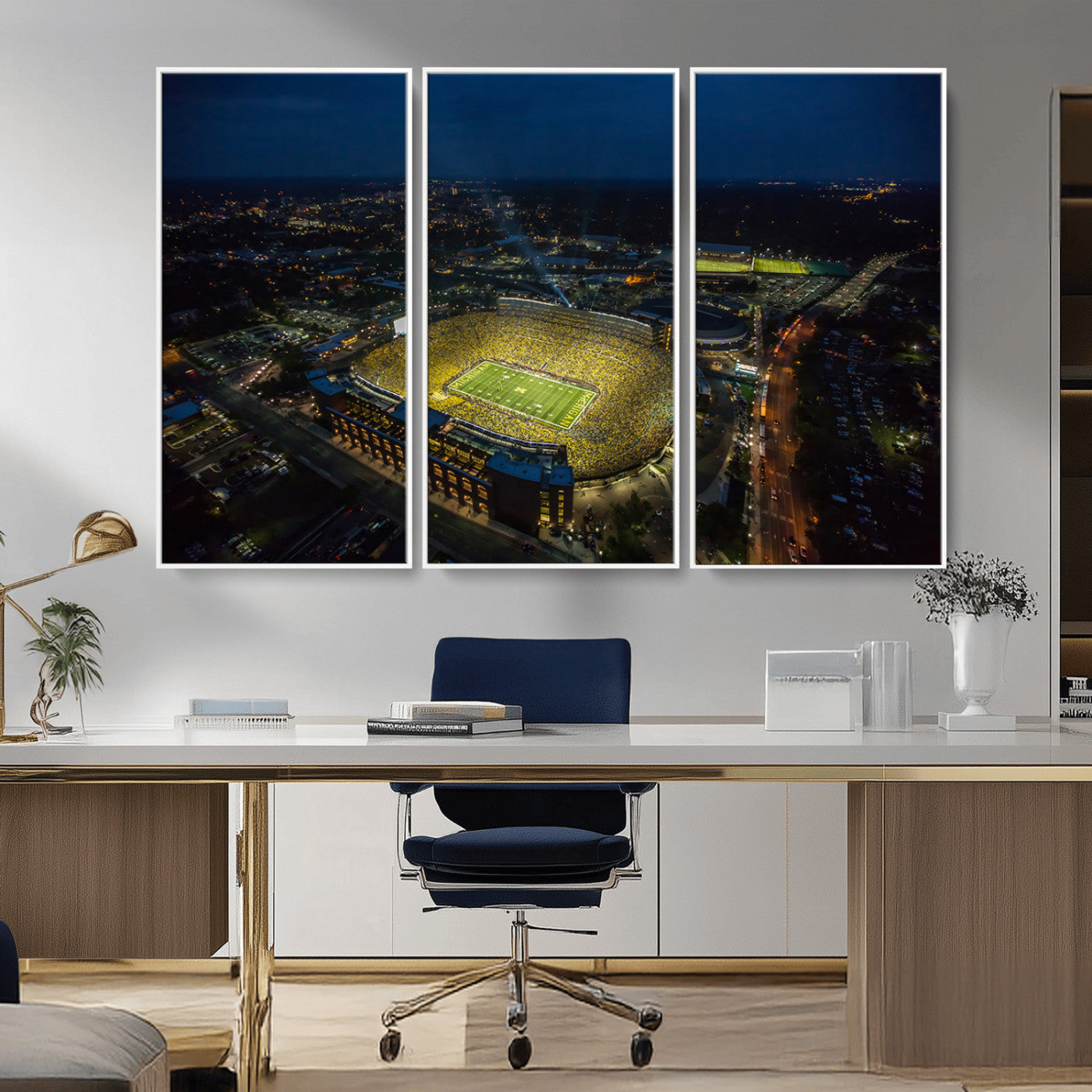 MGV-FC-48X32-3P - Michigan Stadium Night Game Wall Art – Sports Arena Aerial View Canvas Print, Framed, Ready to Hang
