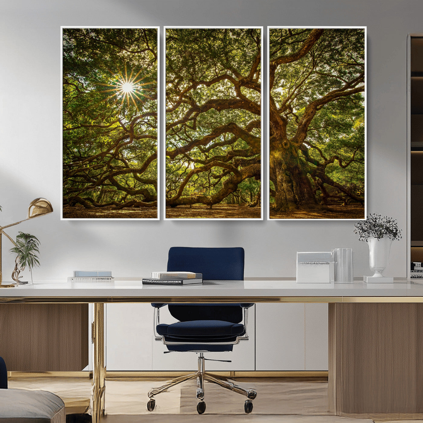 MGV-FC-48X32-3P - Ancient Angel Oak Tree Art Sunburst Canvas Print- Nature-Inspired Triptych Canvas Print, Framed, Ready to Hang
