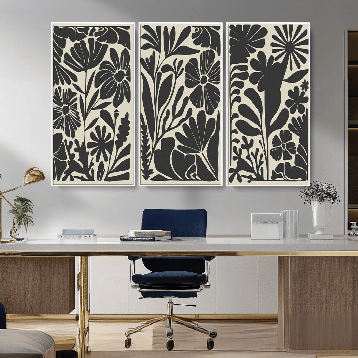 MGV-FC-48X32-3P - Modern Botanical Wall Art - Floral Black and White Canvas Print, Framed, Ready to Hang